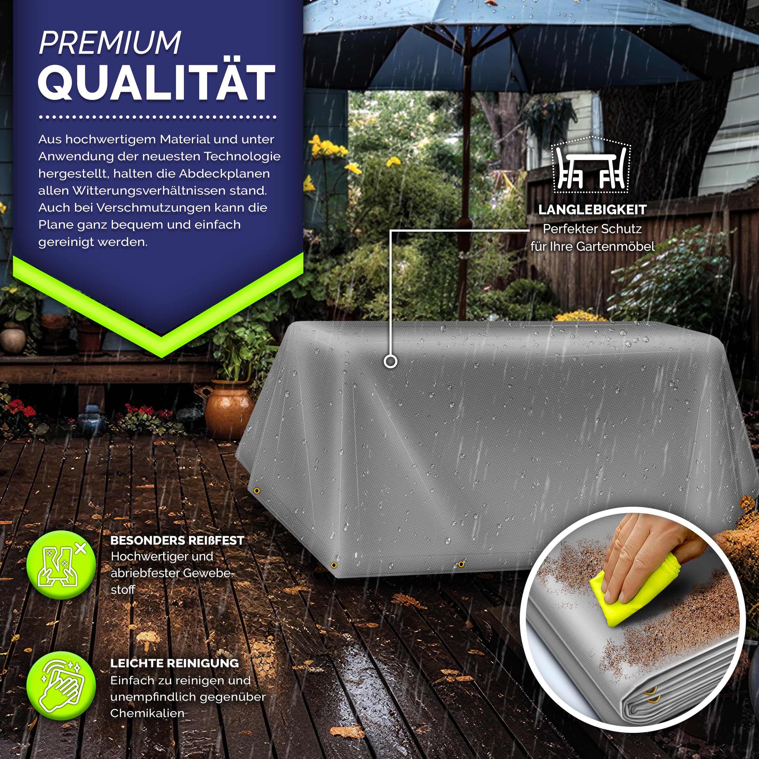 tillvex® Abdeckplane mit Ösen + 10x Spanngummi & 15m Seil | Gewebeplane 650g/m² Wasserdicht & Reißfest | Premium PVC-Plane Universell LKW, Pool, Holz Gartenmöbel | Gartenplane Abdeckung (Grau, 4x8 m)