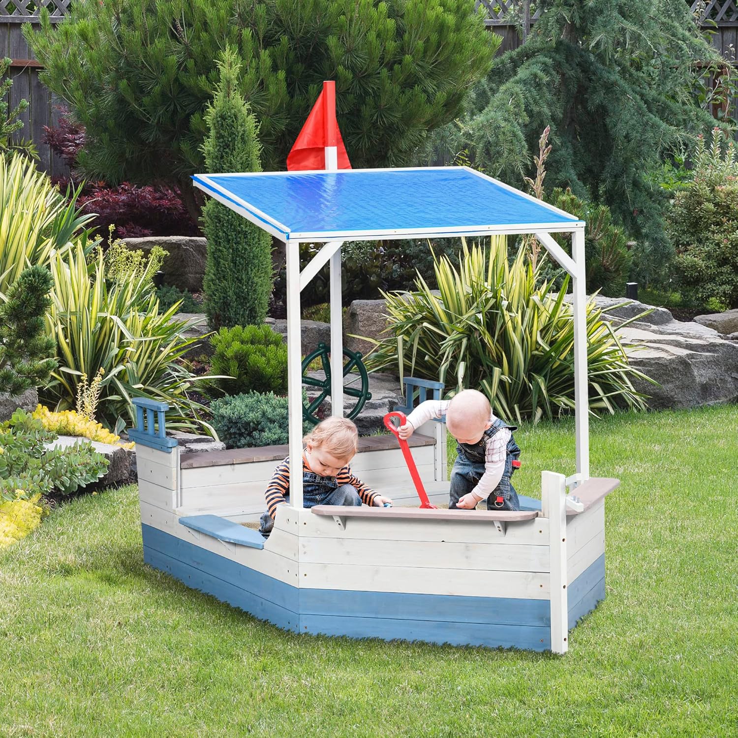 Outsunny Kids Sandbox with Canopy, Pirate Ship Wooden Sand Boxes with Bench for Backyard, Sand Pit for Toddlers, 83" x 43", Blue