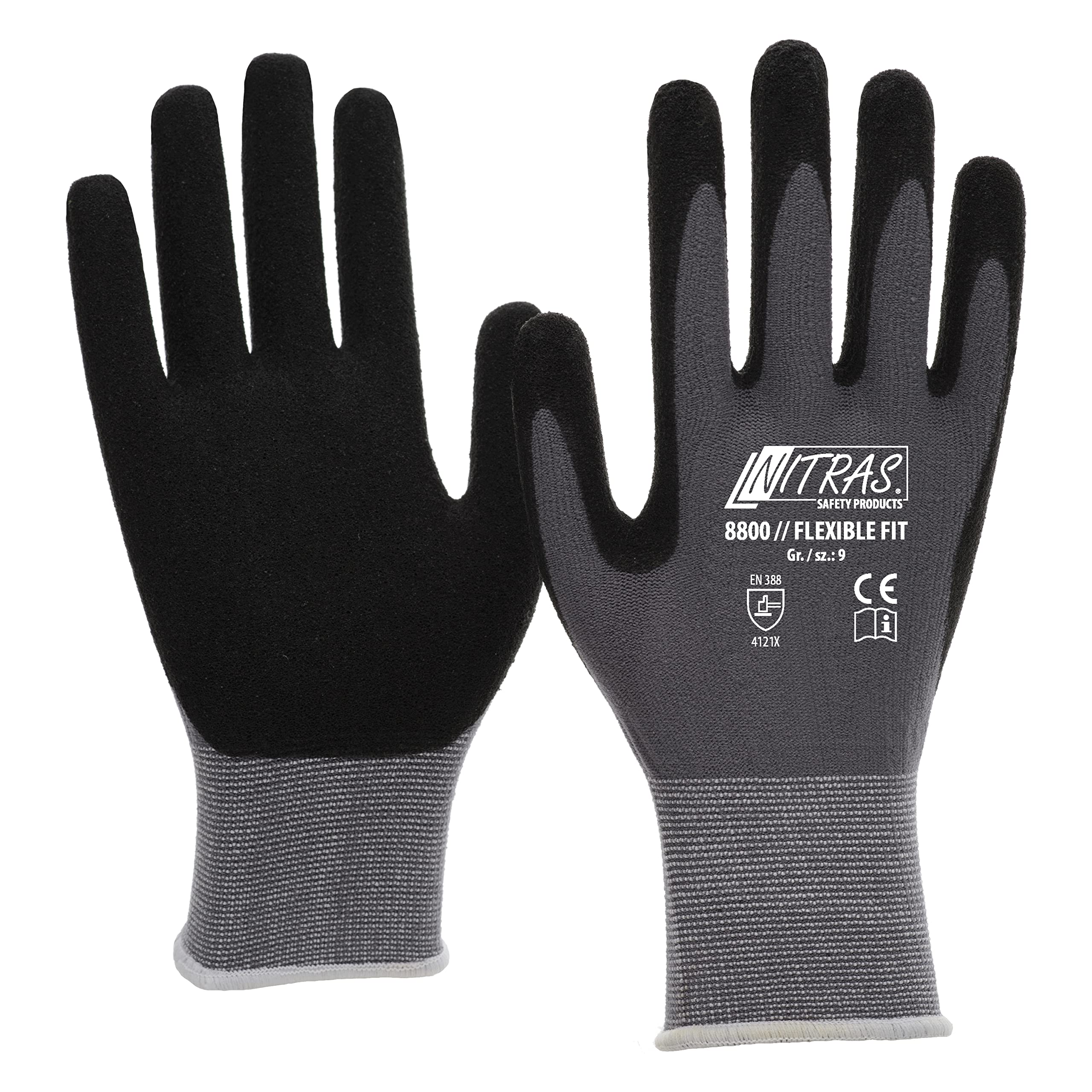 Nitras 8800 Lot de 12 paires de gants de jardinage flexibles et résistants à l'abrasion, très bonne adhérence, taille 7, noir/gris