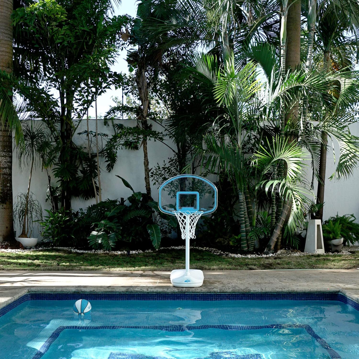 Dunn-Rite Clear Shot Pool Basketball Hoop with Adjustable Stainless Steel Rim, Clear Backboard, Water-Filled Base & Waterproof Basketball