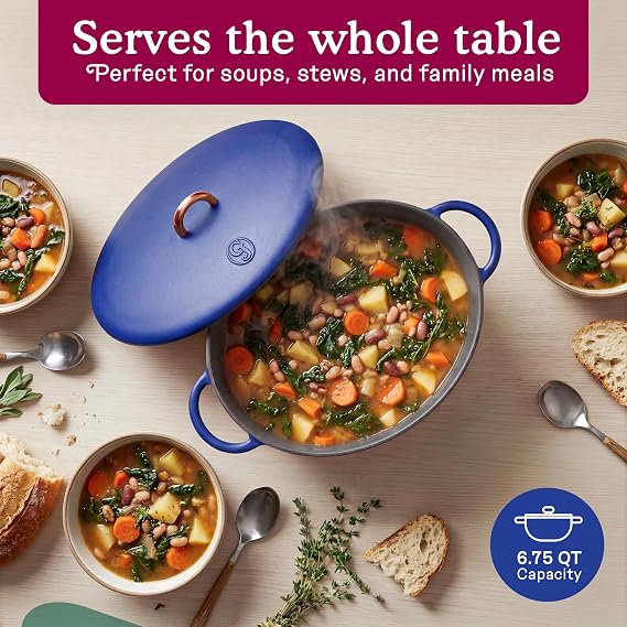 Great Jones Dutchess Cast Iron Dutch Oven Pot With Lid (Blueberry) - Large 6.75 Quart Size, Dual Handles - All Stovetop Safe - 500 Dutch Oven For Bread Baking | Dishwasher Friendly