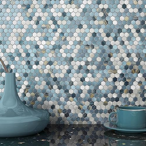 BeNice Azulejos de mosaico de cocina para despegar y pegar, calcomanías de metal pequeñas hexagonales (10 unidades, rayas azules)