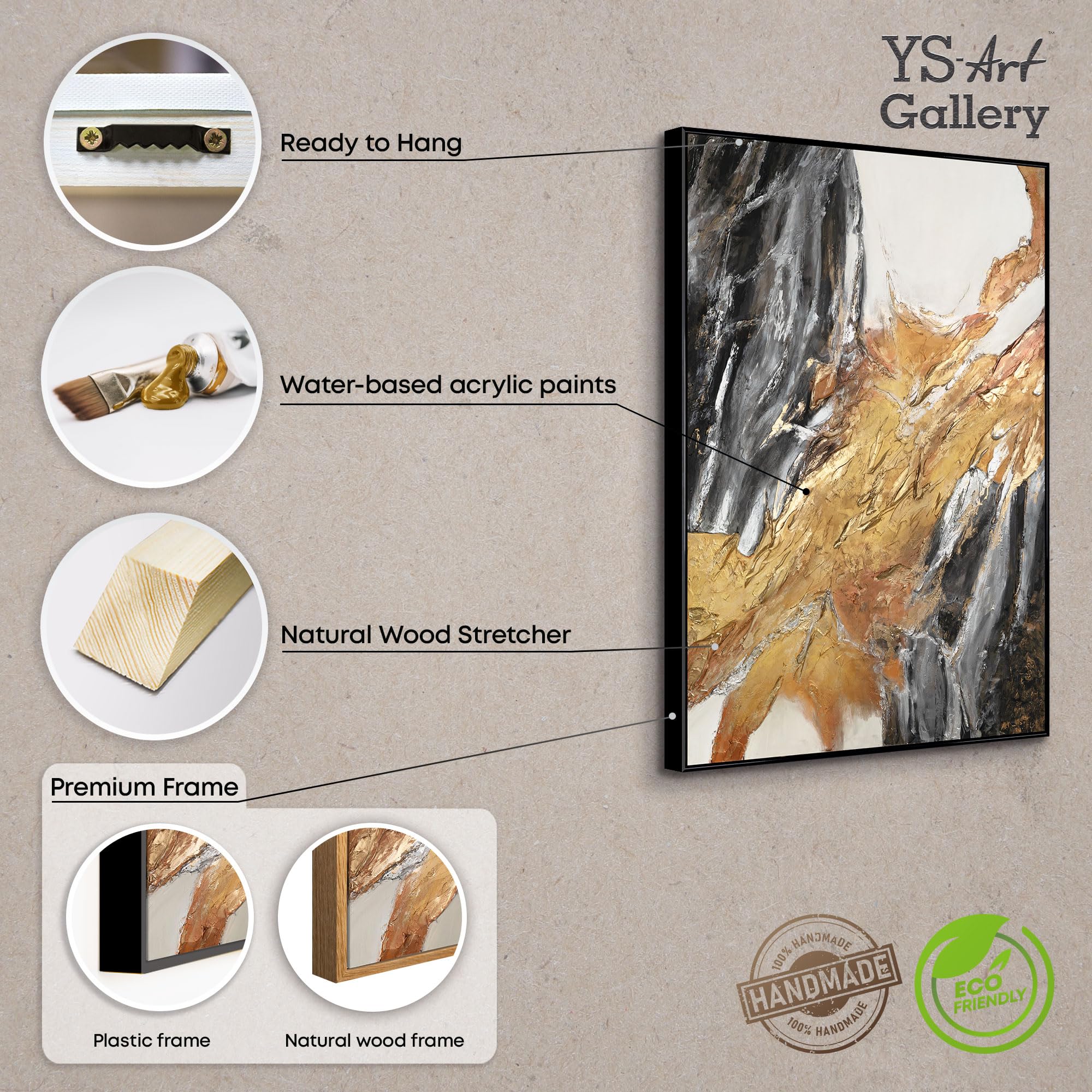YS-Art Quadro Astratto Moderno Oro Nero e Bianco Dipinto a Mano su Tela con Texture Materica per Soggiorno Camera da Letto Ufficio 140x100 cm