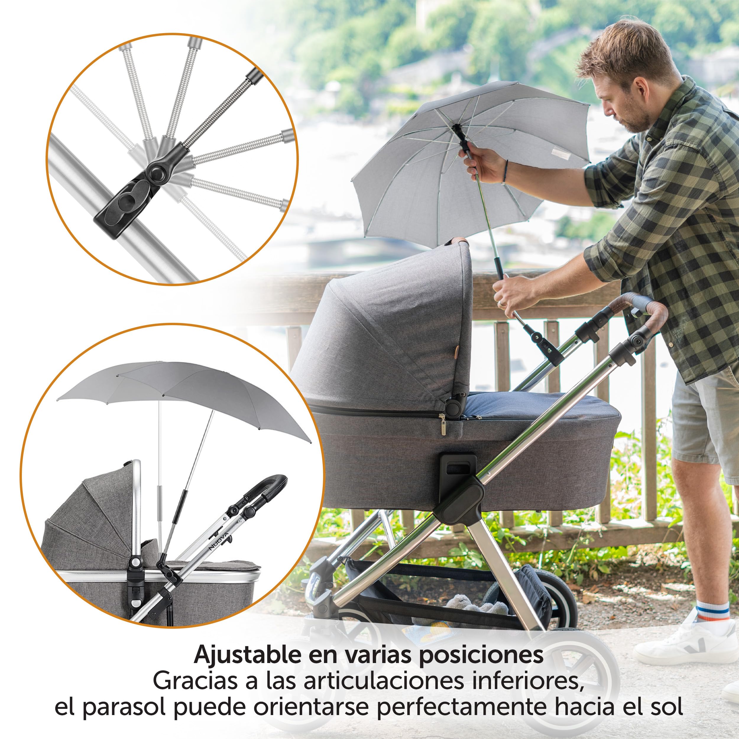 Zamboo Sombrilla Carro Bebe Universal con Protección UV50+ - Paraguas Parasol con 12 Posiciones para Cochecitos y Sillas de Paseo - Sombrillas Regulables Diámetro 73 cm - Repelen el Agua - Gris