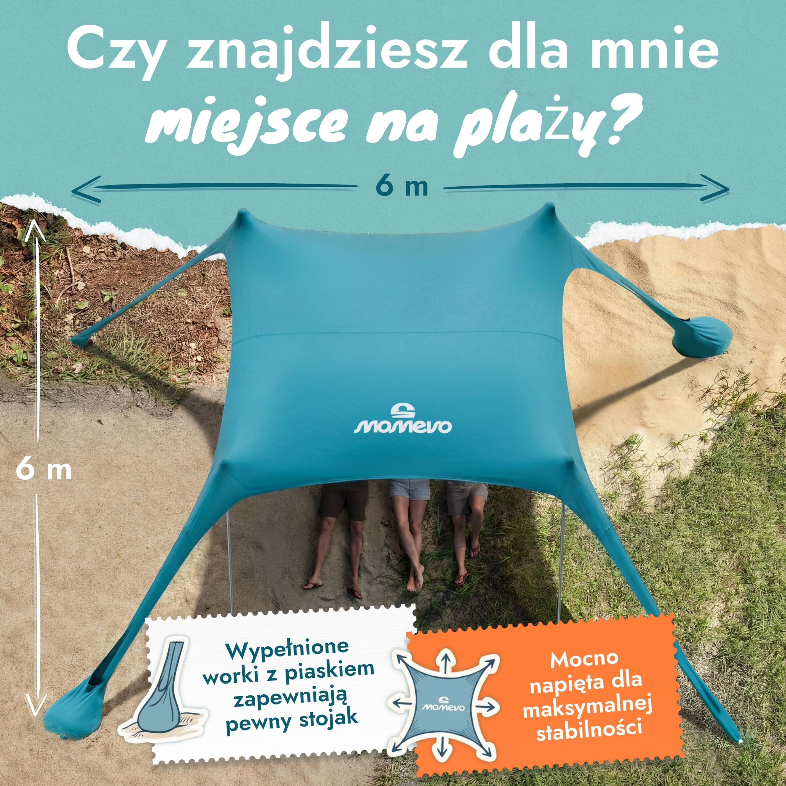 Duży rodzinny namiot plażowy Sunsail - żagiel przeciwsłoneczny z certyfikowaną ochroną UV UPF50+, ochrona przed słońcem dla sześciu osób, z kotwicą piaskową i śledziami (petrol blue)