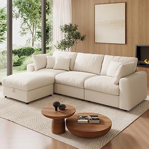 WorthFurni 110” Cloud Sectional Couches for Living Room, Modular Sectional Sofa with Deep Seat, Convertible L-Shape Couch with Storage Ottoman for Bedroom Apartment, Chenille(Warm White)