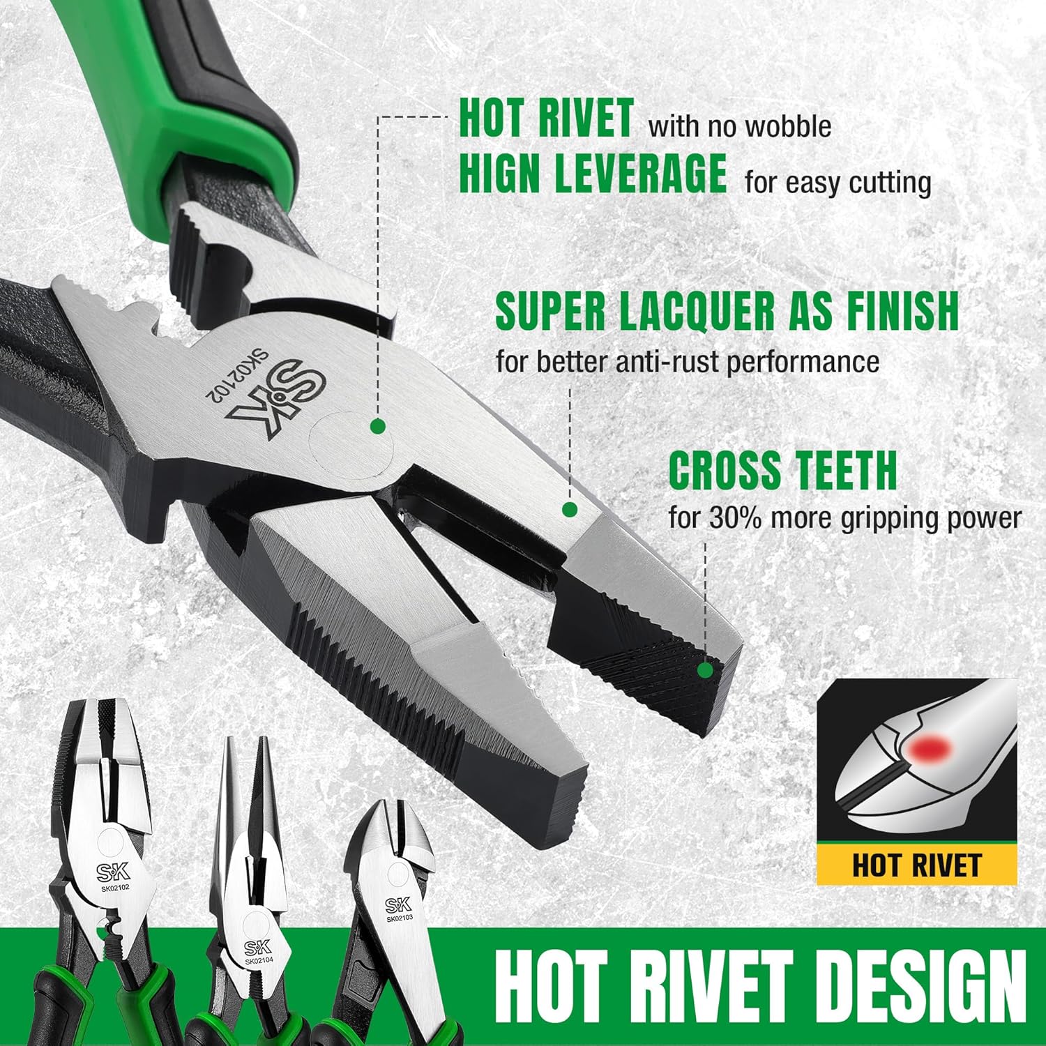 SK 5-Piece Pliers Set, 8" Long Nose, 9.5" Linesman, 8" Slip Joint, 8" Diagonal, and 10" Groove Joint, with EVA Foam Tool Organizer