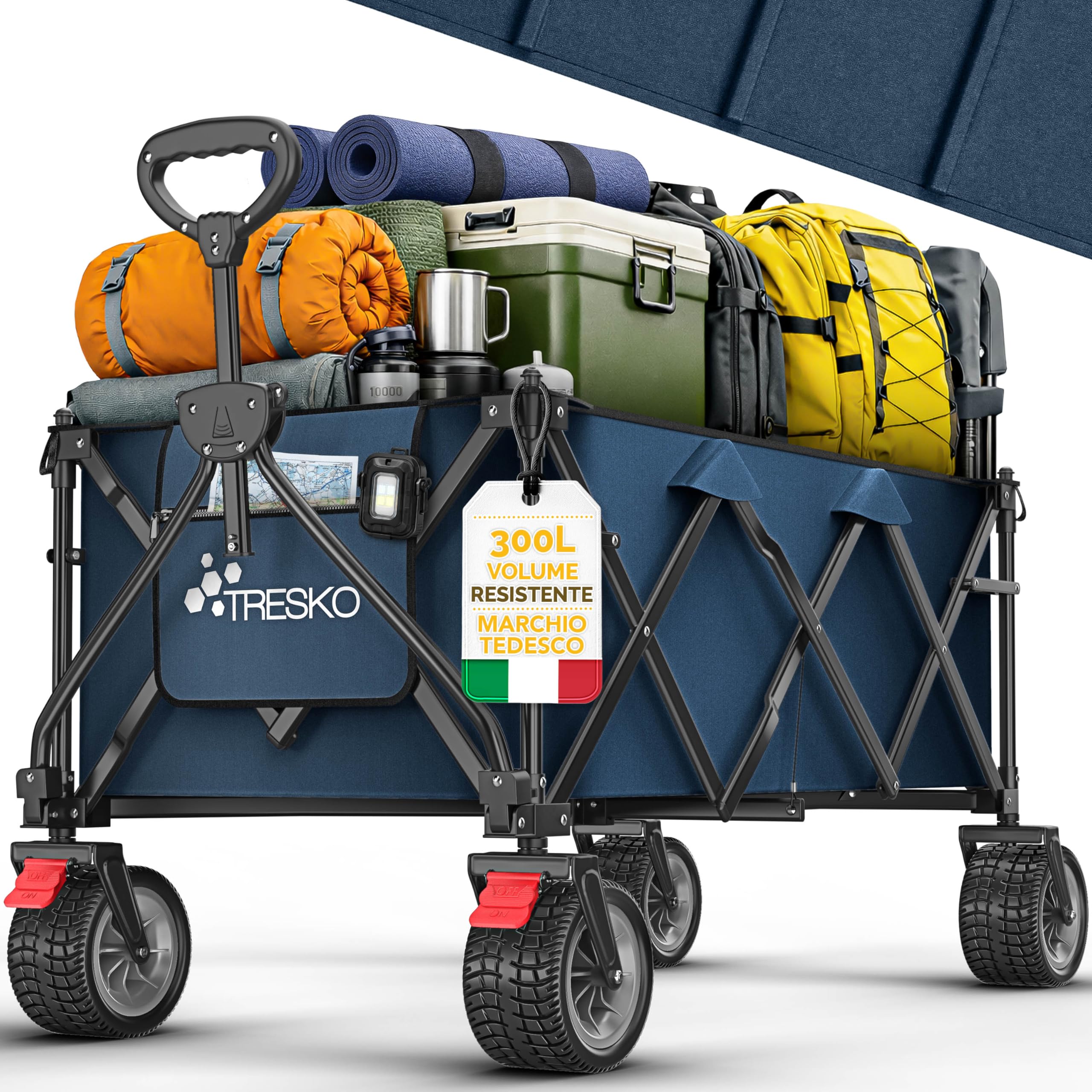 TRESKO® Carrello pieghevole da 300 l con freno, carrello pieghevole da 150 kg con pneumatici in gomma piena, pieghevole, extra large, ruote per il trasporto con borsa per il trasporto (blu)