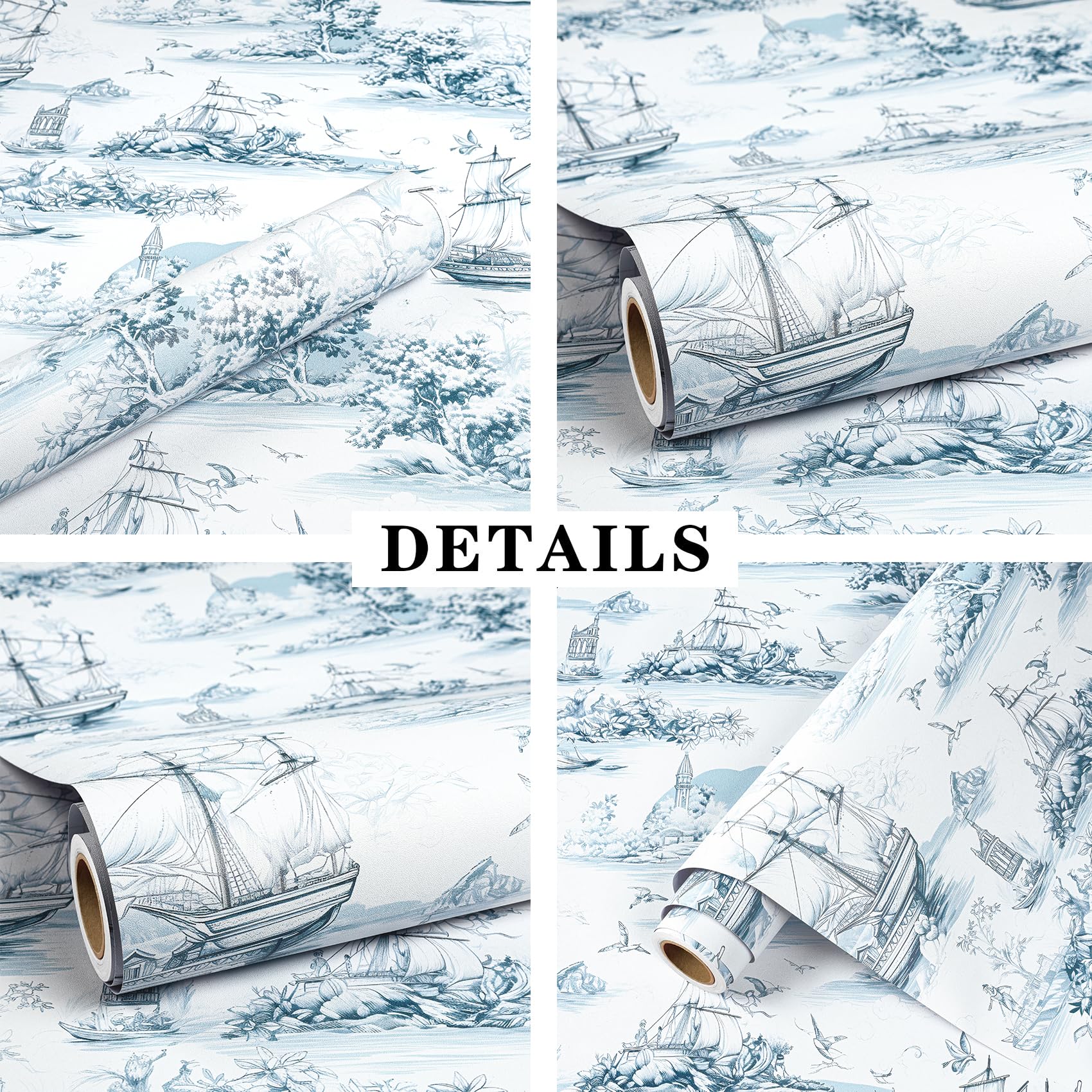 ReWallpaper 44.5CMx7M Sailboat Blue Wallpaper Toile De Jouy Peel and Stick Sticky Back Plastic Patterned Waterproof Bathroom Wallpaper Blue Pattern Sea View Tree Bedroom Wall Paper - Image 2