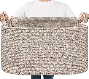 Goodpick Large Woven Storage Basket, 21.6" x 14.9" x 11.8" Blanket Basket for Living Room, Bedroom, Rectangle Rope Storage Organizer for Clothes, Toys, Brown