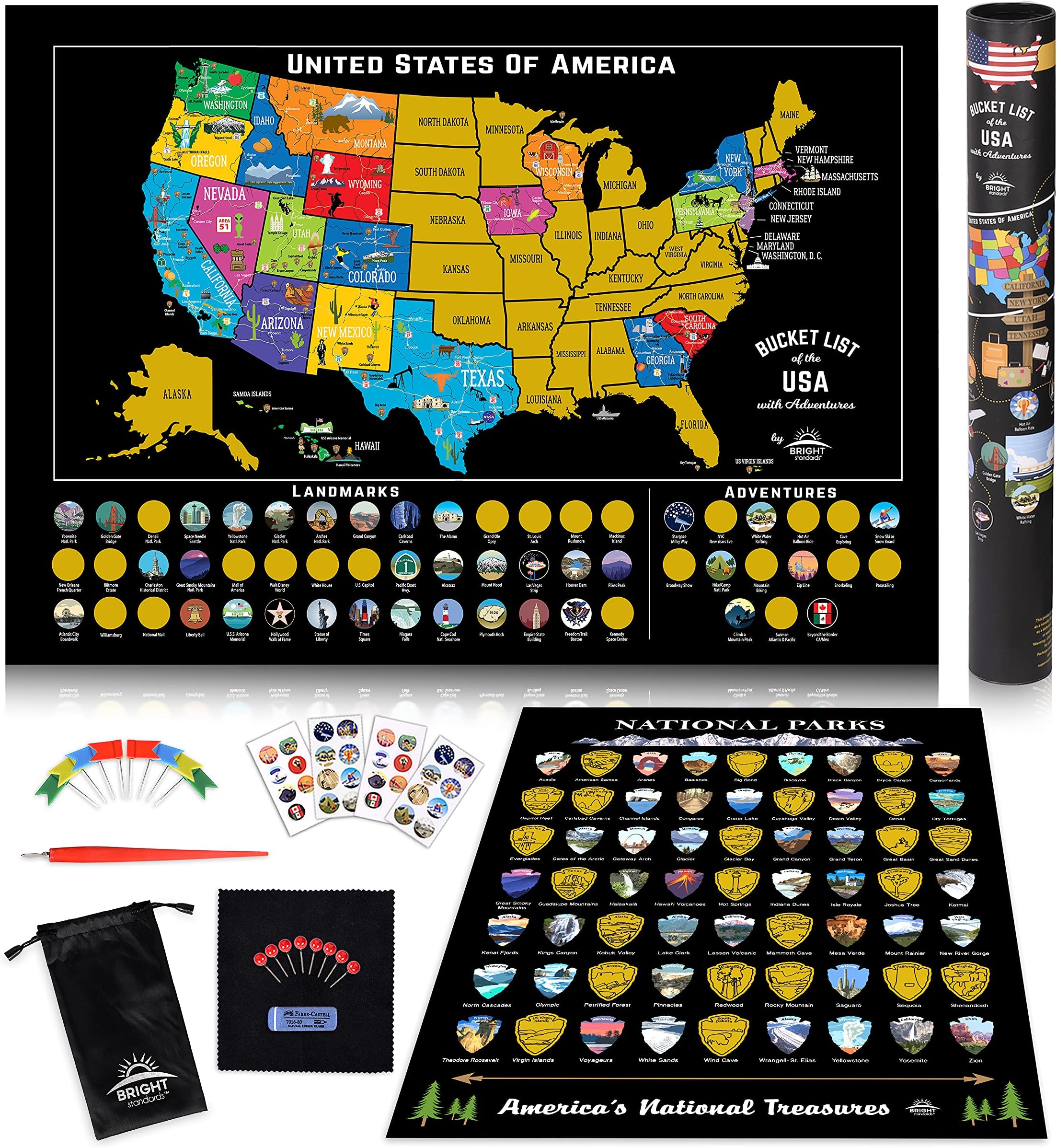Bright Standards Scratch Off Map of United States + All 63 US National Parks Scratch Off Poster, 85 USA Landmarks, Travel Map Kit, 50 State Photo Wall Adventure Maps, Journal Gifts for Travelers