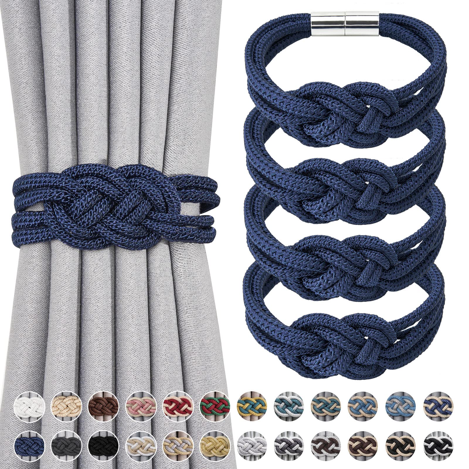NICEEC 4 Pack Strong Magnetic Curtain Tiebacks Upgrade Nordic Simple Style Drape Tie Backs Double Color Weave Rope Knot Decorative Curtain Holdbacks