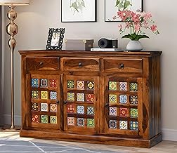 SONA ART & CRAFTS Solid Sheesham Wood Sideboard Tv Cabinet for Living Room | Free Standing Movable Tv Unit Side Board Table with 3 Drawer & 2 Cabinet Storage Furniture for Home | Honey Finish