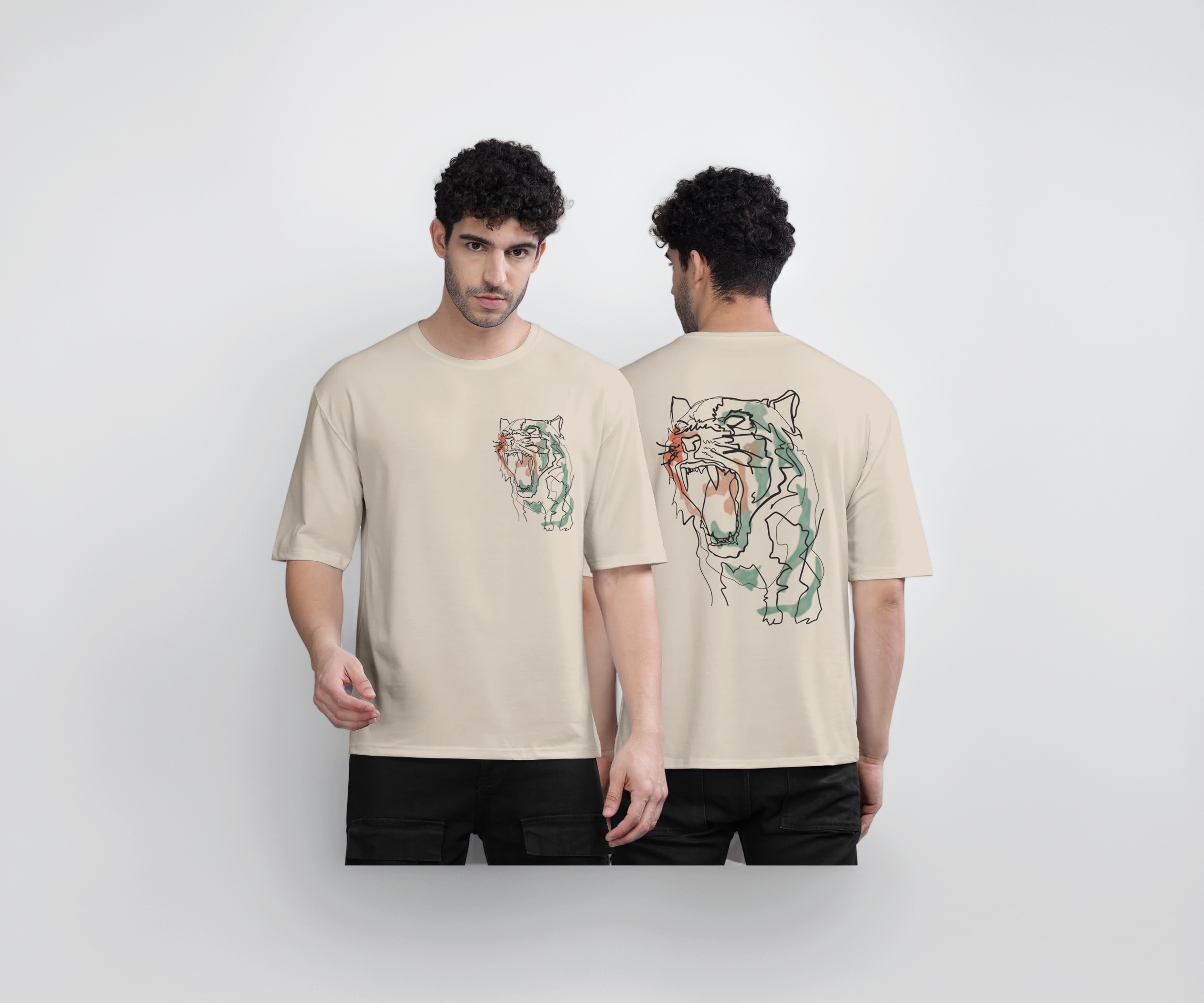 Black Trendy Front and Back Printed oversized Round Neck T-shirt for men