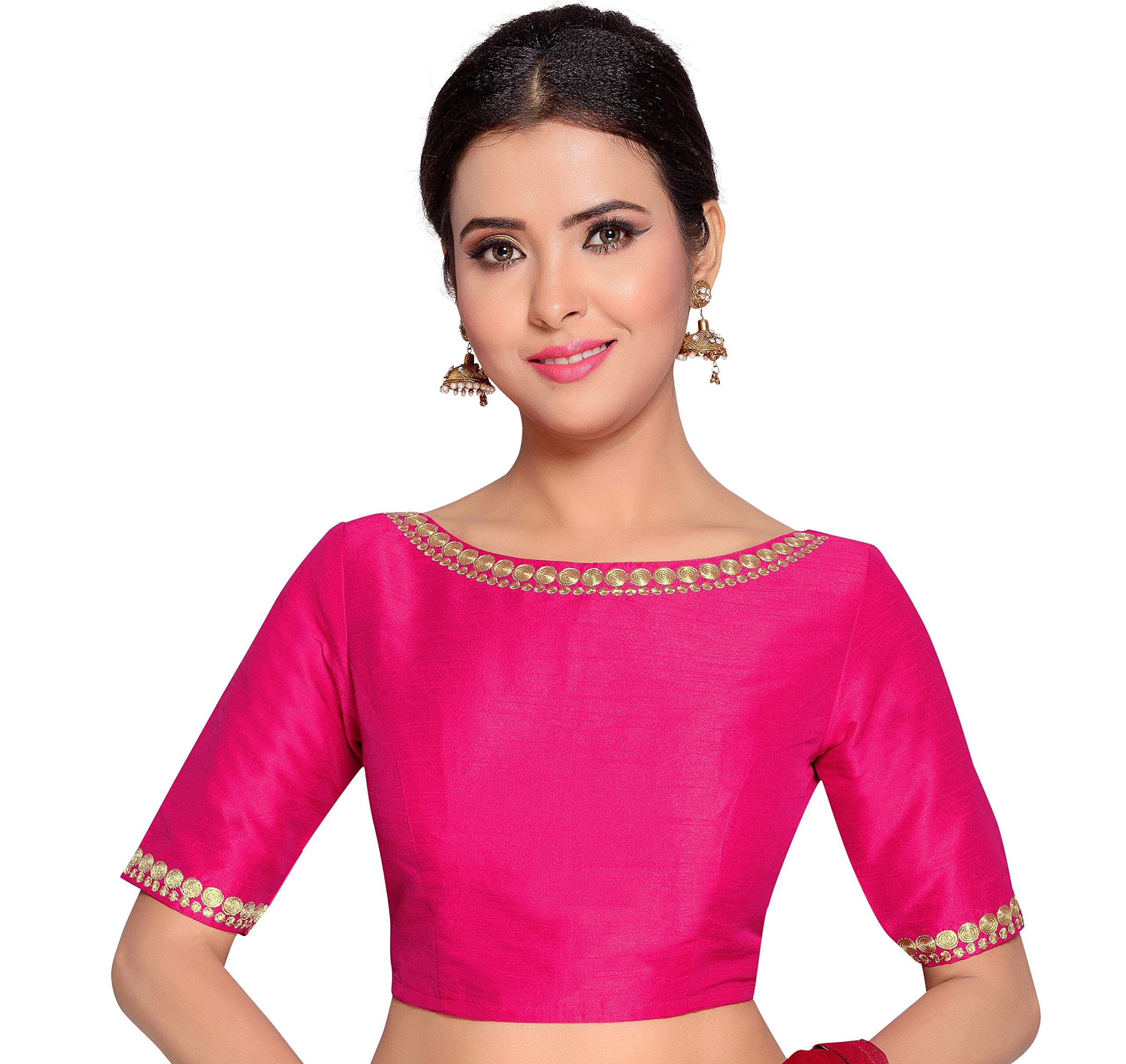 Women's Readymade Pink Polyester Saree Blouse With Elbow Length Sleeves