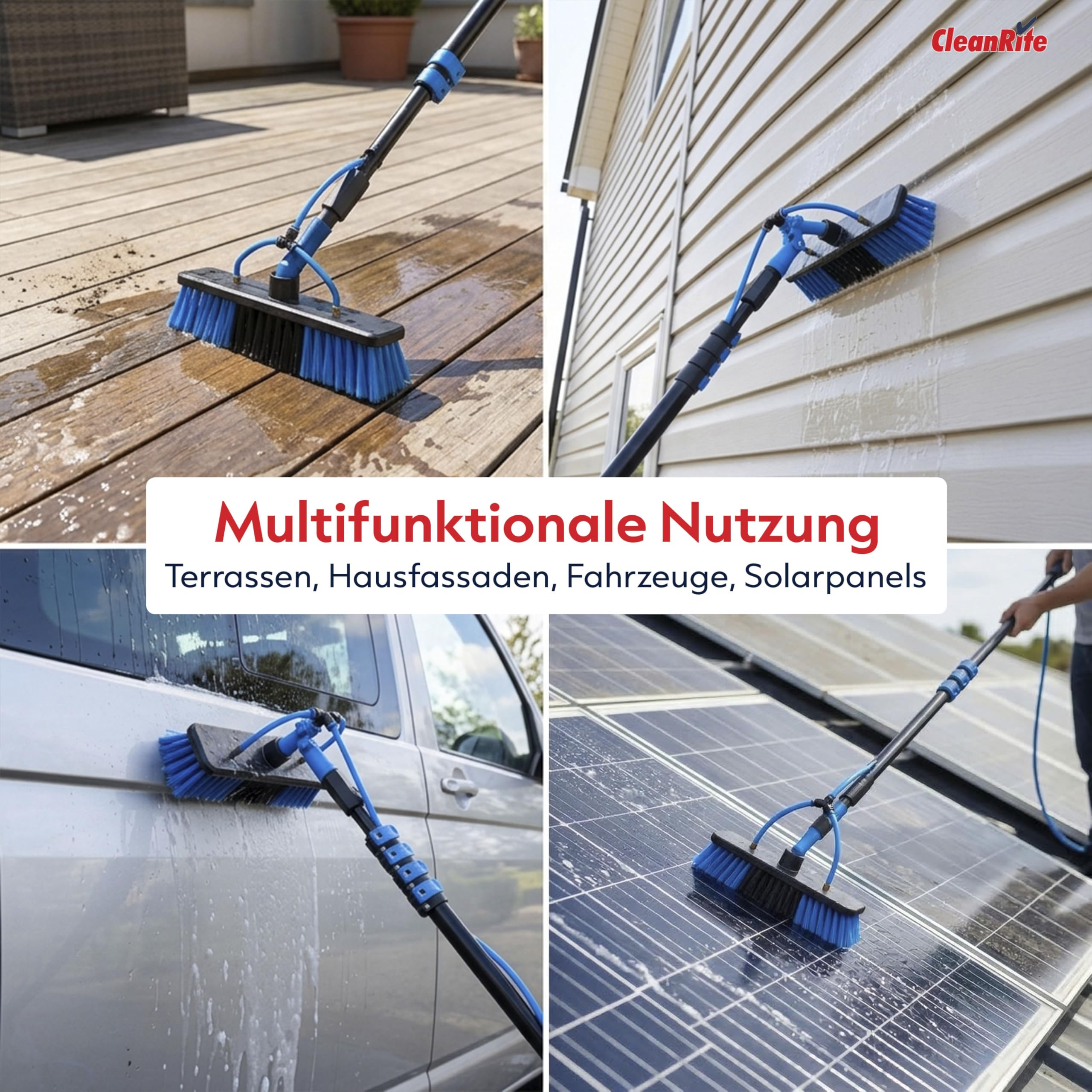 CleanRite® Teleskop Waschbürste 7m extra lang mit Wasseranschluss | Teleskopbürste mit Wasseranschluss | PV Reinigungsbürste Teleskop Set | Terrassendach Reiniger & Dachrinnenreiniger | Schwarz