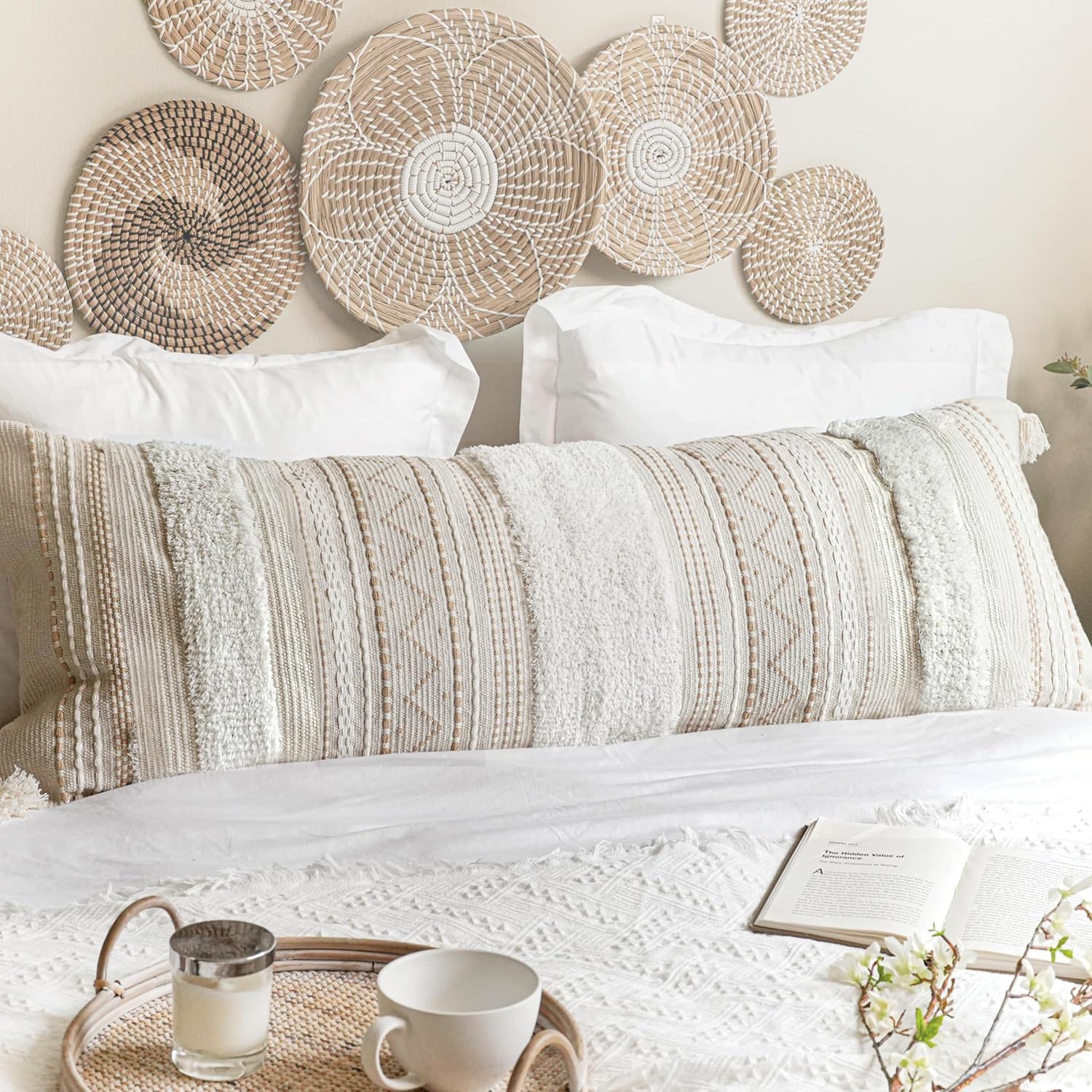 BlissBlush 20X54 Oversized Large Lumbar Pillow Cover for Bed, Rectangular Long Decorative Throw Pillowcase, Cotton Boho Accent Cushion with Tufted Pattern and Tassels, Cream Beige Neutral (Cover Only)