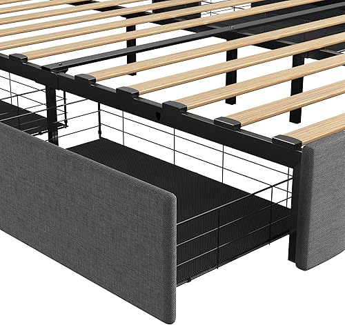 Miniatura 9 de Livavege Base de cama tamaño Queen con cabecera de almacenamiento, espacios debajo de la cama y estación de carga, plataforma tapizada LED Queen con