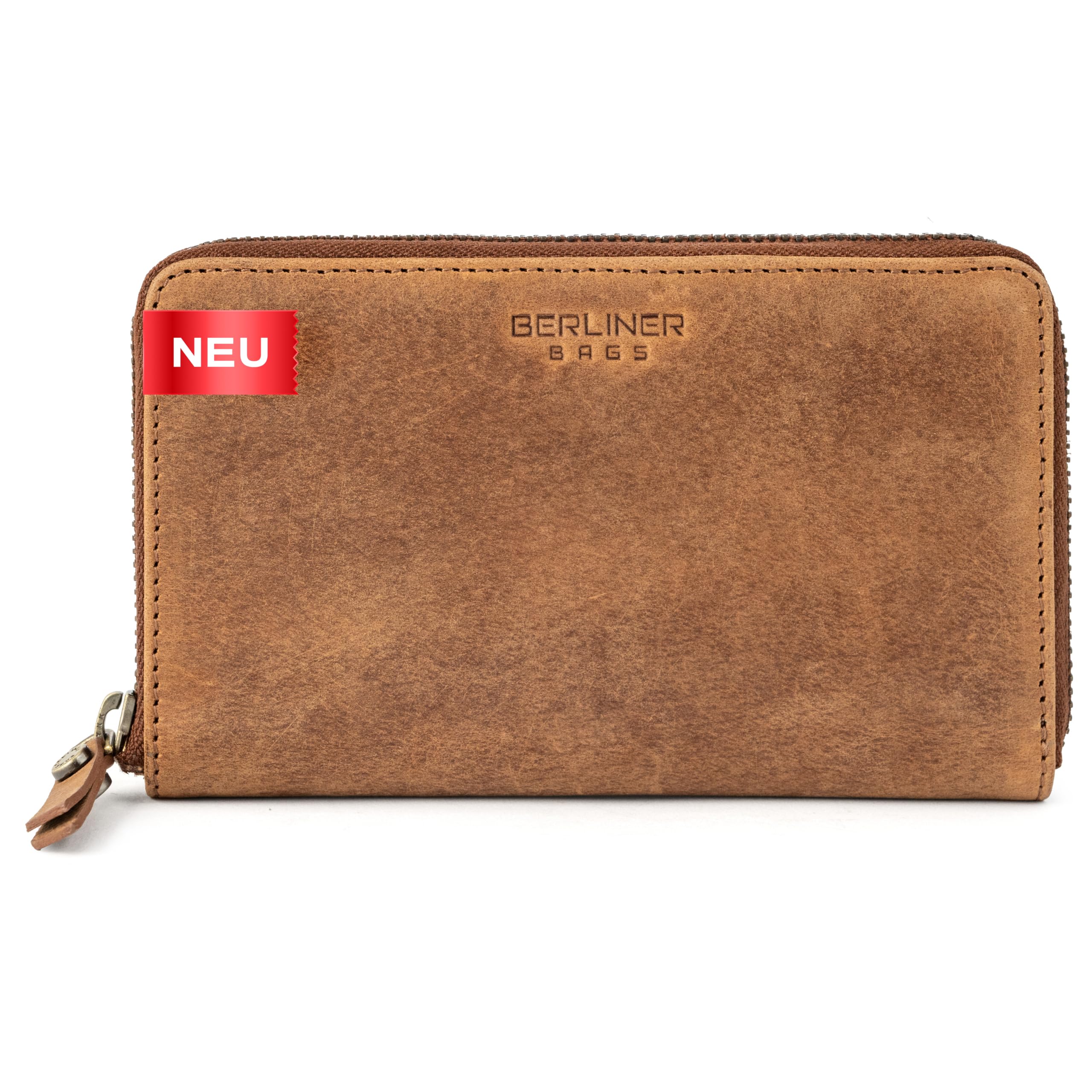 Berliner Bags Vintage Geldbörse Greta, Großes Damen Portemonnaie aus Leder, Brieftasche Geldbeutel mit RFID-Schutz, umlaufendem Reißverschluss & Münzfach für Damen – Braun