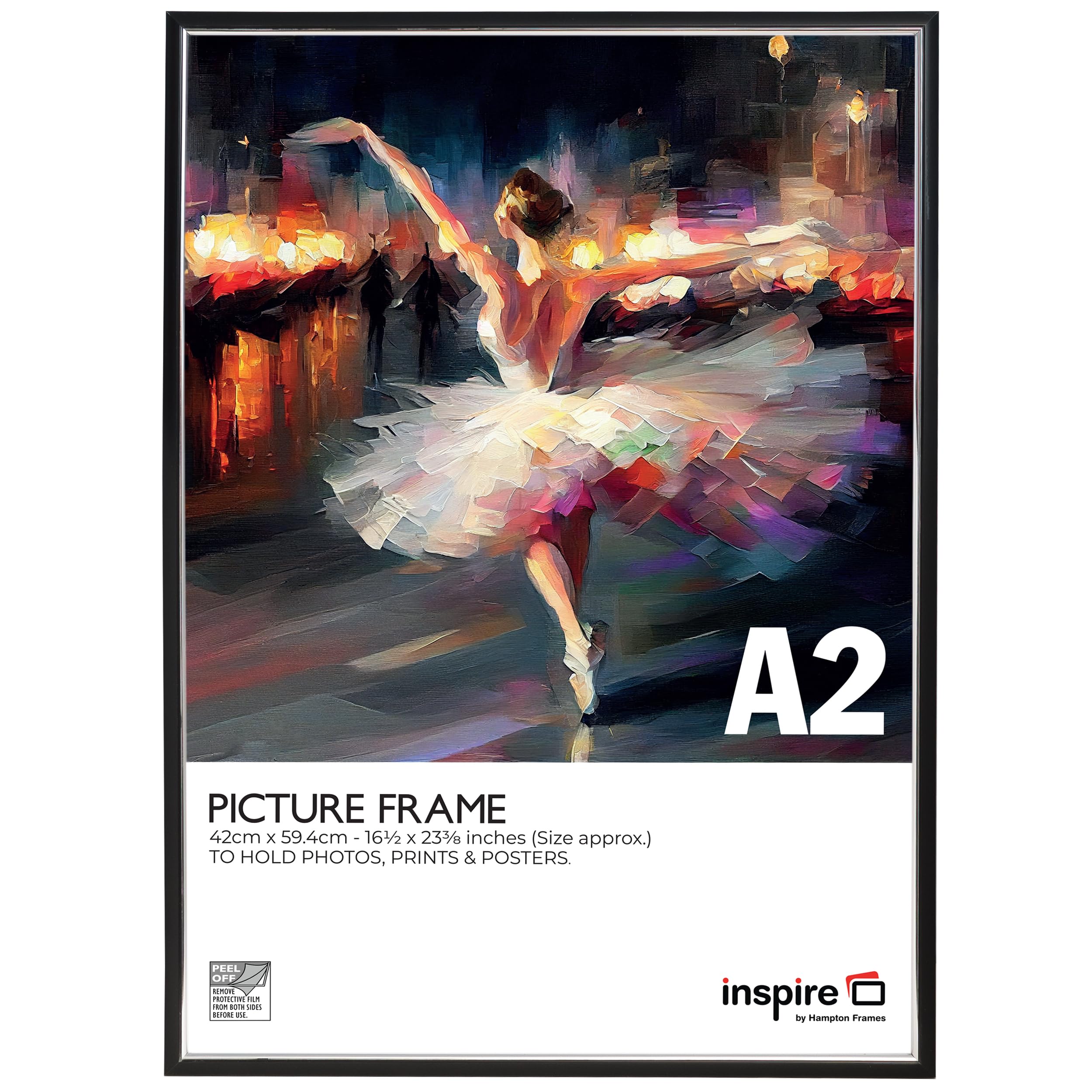 Inspire By Hampton Frames Black | Picture Poster Frame | A2 (42X59cm), Plastic, Foil Wrapped | Acrylic Non-Glass Front, Wall Mount, Landscape Or Portrait | Display For Photos, Posters