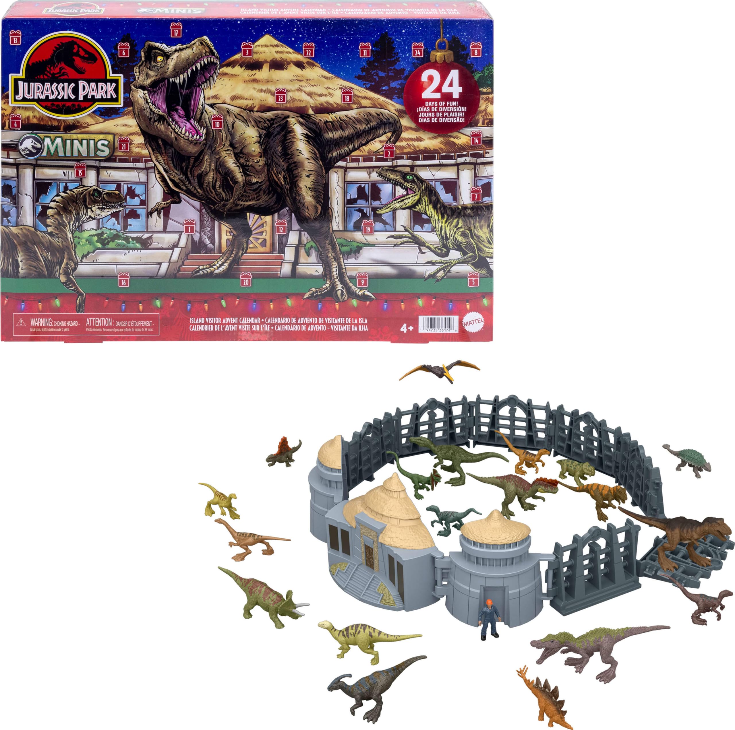 Mattel Jurassic World Minis Wyspa Dinozaurów Kalendarz adwentowy Zestaw, 24 dni niespodzianek, 19 minidinozaurów, 1 figurka człowieka, 4 akcesoria, figurki zabawki dla dzieci 4+, JLD23