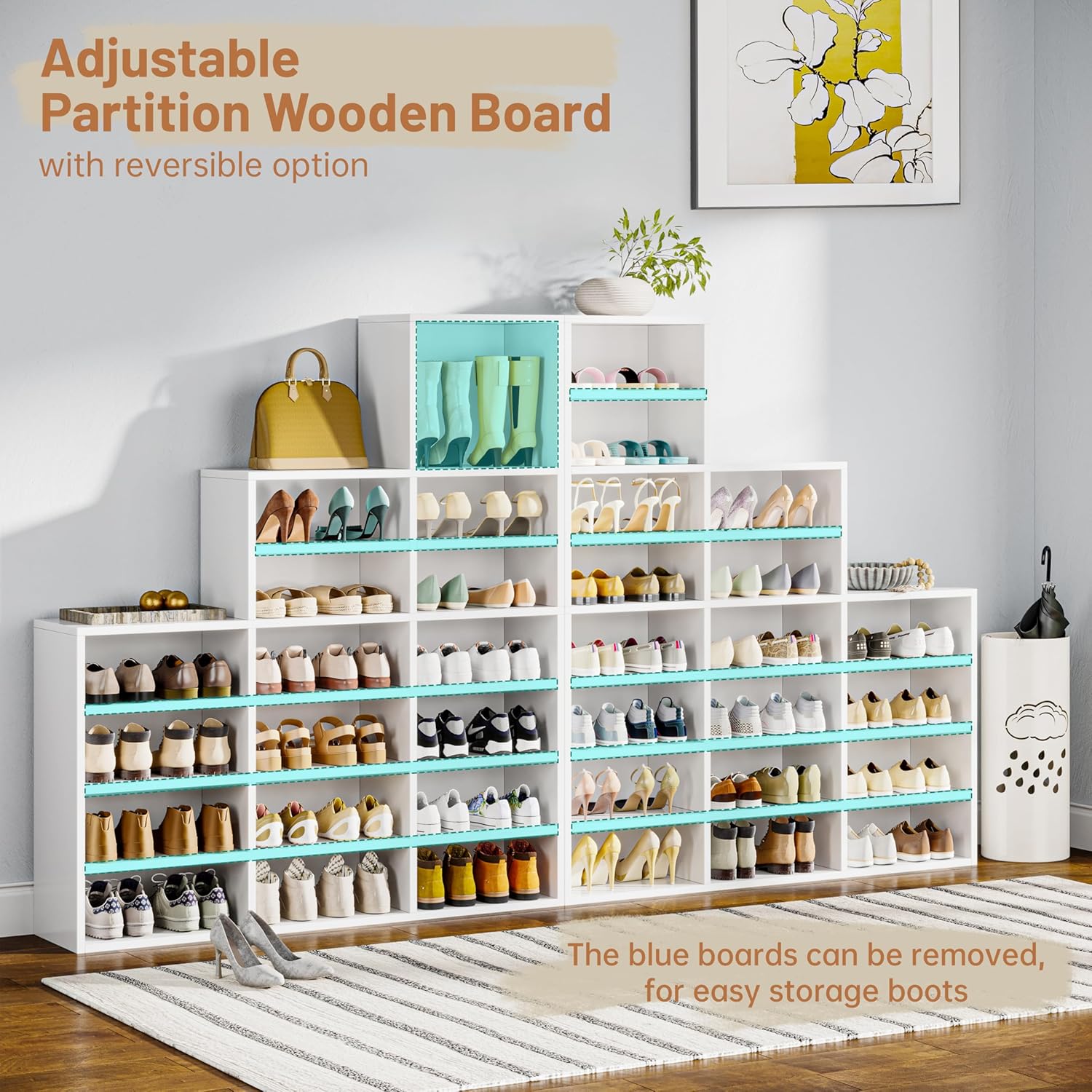 Reversible Shoe Cabinet, 21 Tiers 42 Pairs Heavy Duty White Wooden Shoe Rack, 55'' Tall Freestanding Shoe Storage Shelf with Open Storage Organizer for Entryway, Closet, Living Room