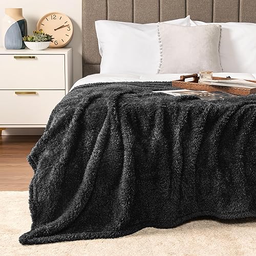 Pavilia Manta de cama Sherpa tamaño King, felpa negra, suave, acogedora, esponjosa, ligera, de microfibra, para todas las estaciones, 90 x 108