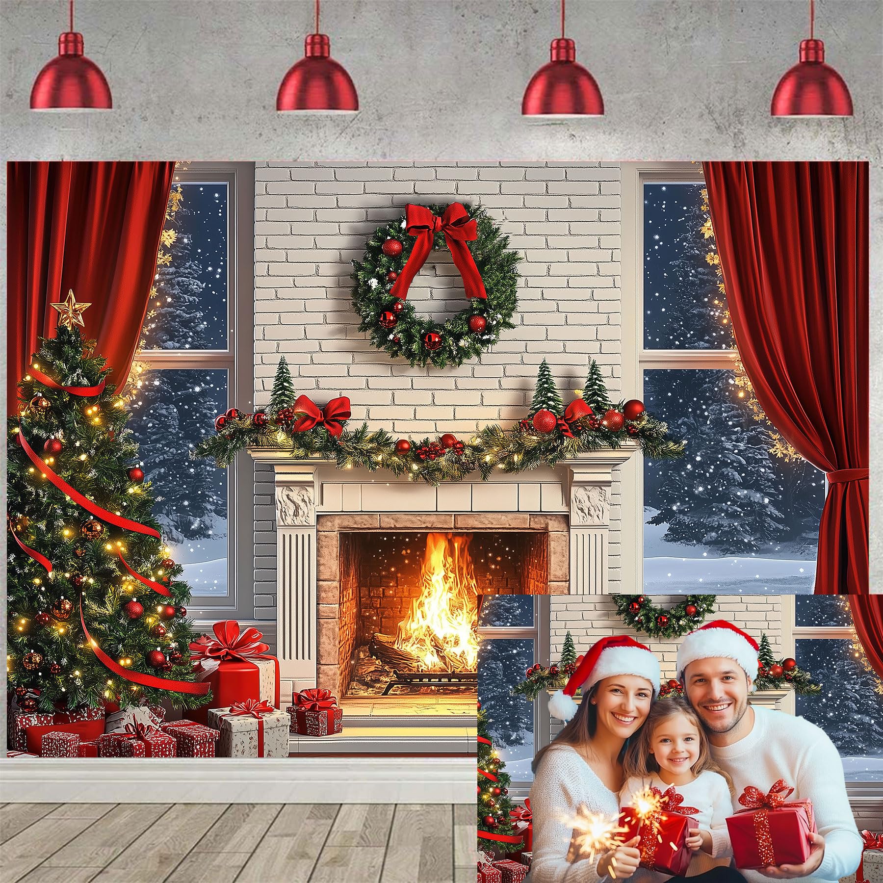 Winter Christmas Backdrop, Xmas Trees Fireplace Window Photography Background Backdrops, Snow Scenery Window New Year Holiday Family Party Decor