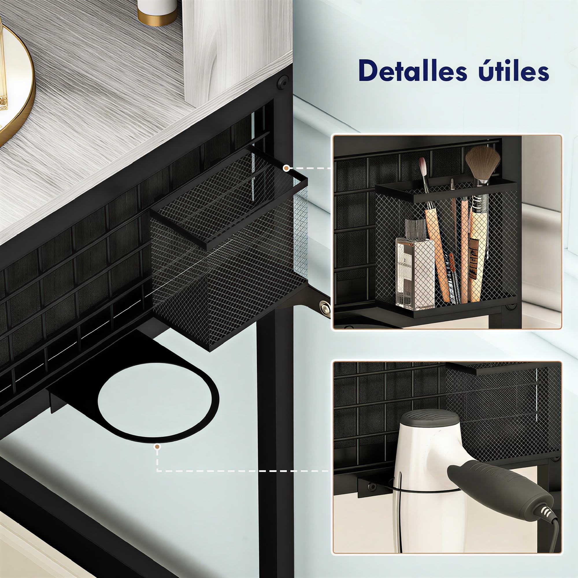 HOMCOM Tocador de Maquillaje con Espejo Tríptico Desmontable en Gris | Tocador con Taburete, 3 Cajones de Tela, Estantes, Soporte para Secador de Pelo, Cesta Metálica, Dormitorio, Vestidor