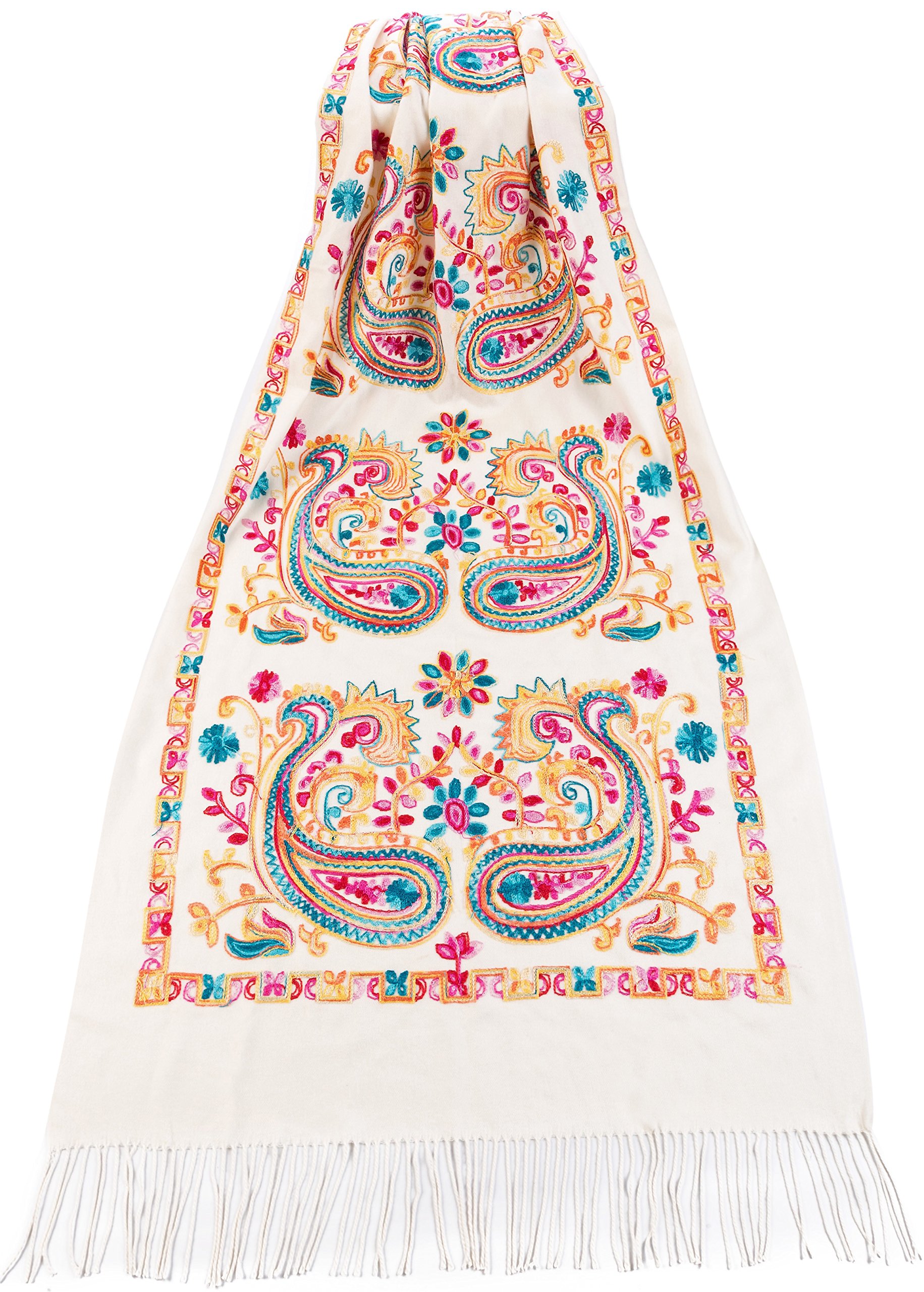 World Of Shawls Women's White Beautiful Embroidered Pashmina Feel Wrap Scarf Scarves Stole Shawl Hijab (White)