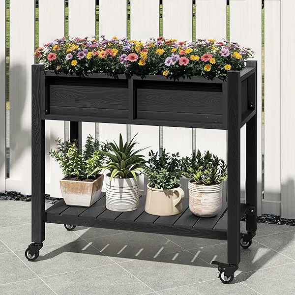 DWVO Raised Garden Bed, Outdoor Planter Box, Small Flower Box with Double-Layer, 4 Swivel Casters and Built-in Drain Holes, Ideal for Garden Patio or Balcony, Black