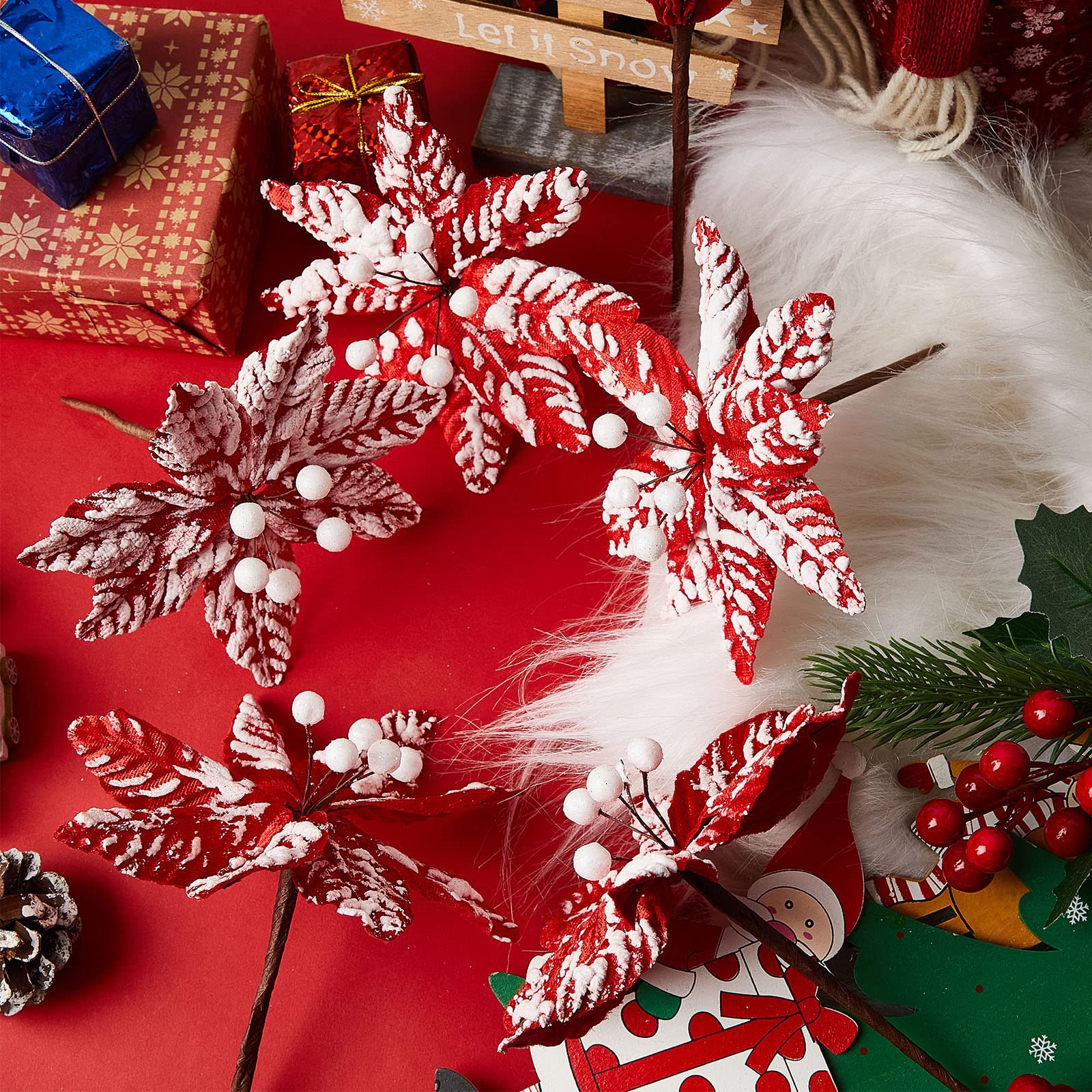 Künstliche Weihnachtsstern, Weihnachtsstern, Dekoration, Weihnachtsblumen, Schnee-Spray, Weihnachtsbaum-Plektren, dekorativer Weihnachtsblumenstiel für Weihnachtskranz-Dekorationen (24 Stück, 14 cm)