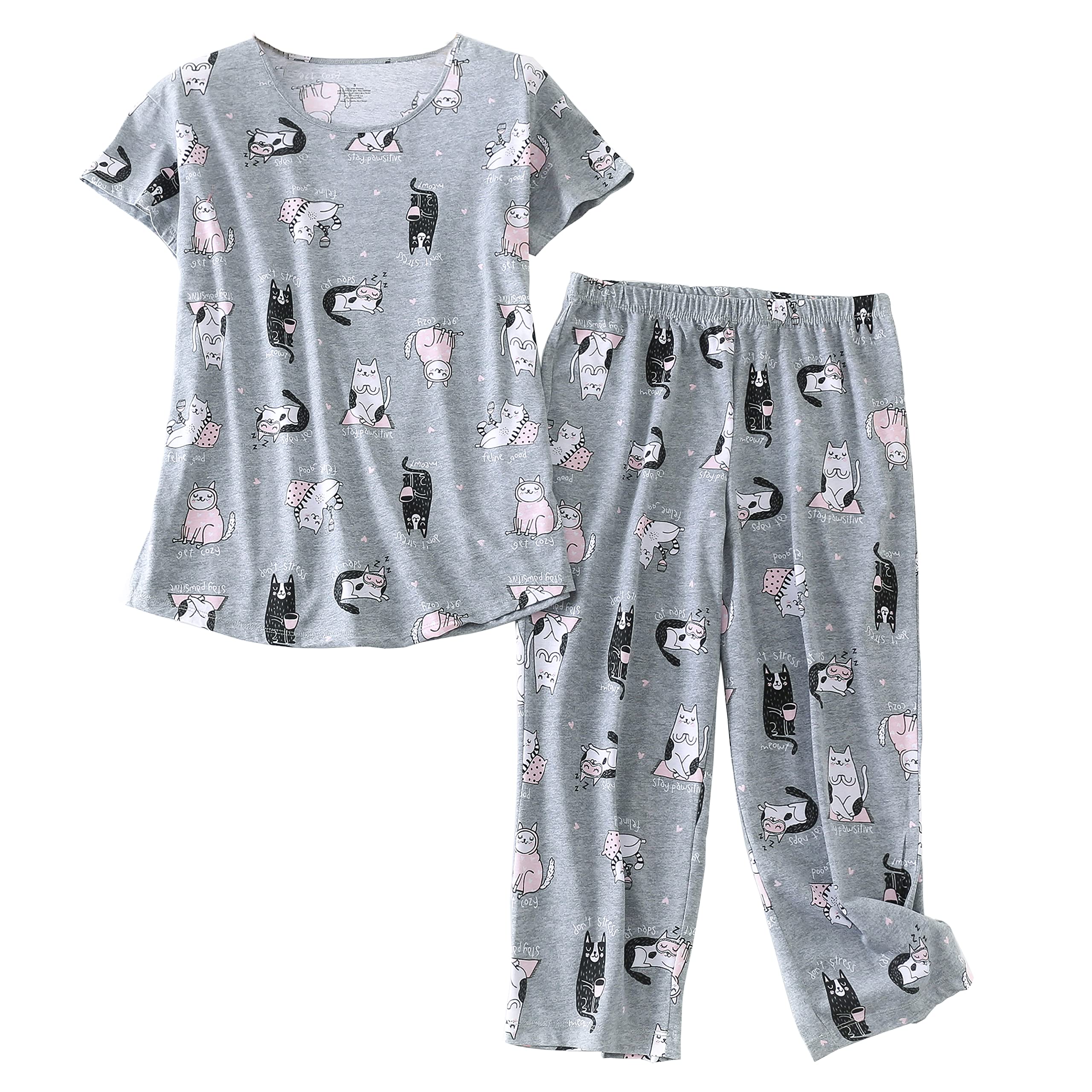 Inadays Womens Cotton Pajama Sets Short Sleeve Top With Capri Pants 2 piece sets for Women Summer Pajamas Lounge Set