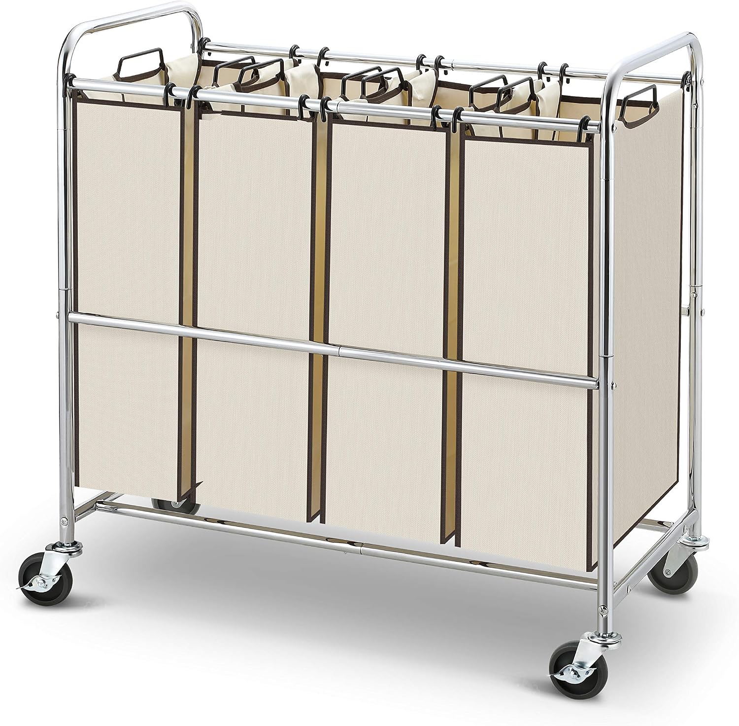 Simple Trending Heavy Duty 4-Bag Laundry Hamper Sorter Cart with Rolling Wheels, Chrome