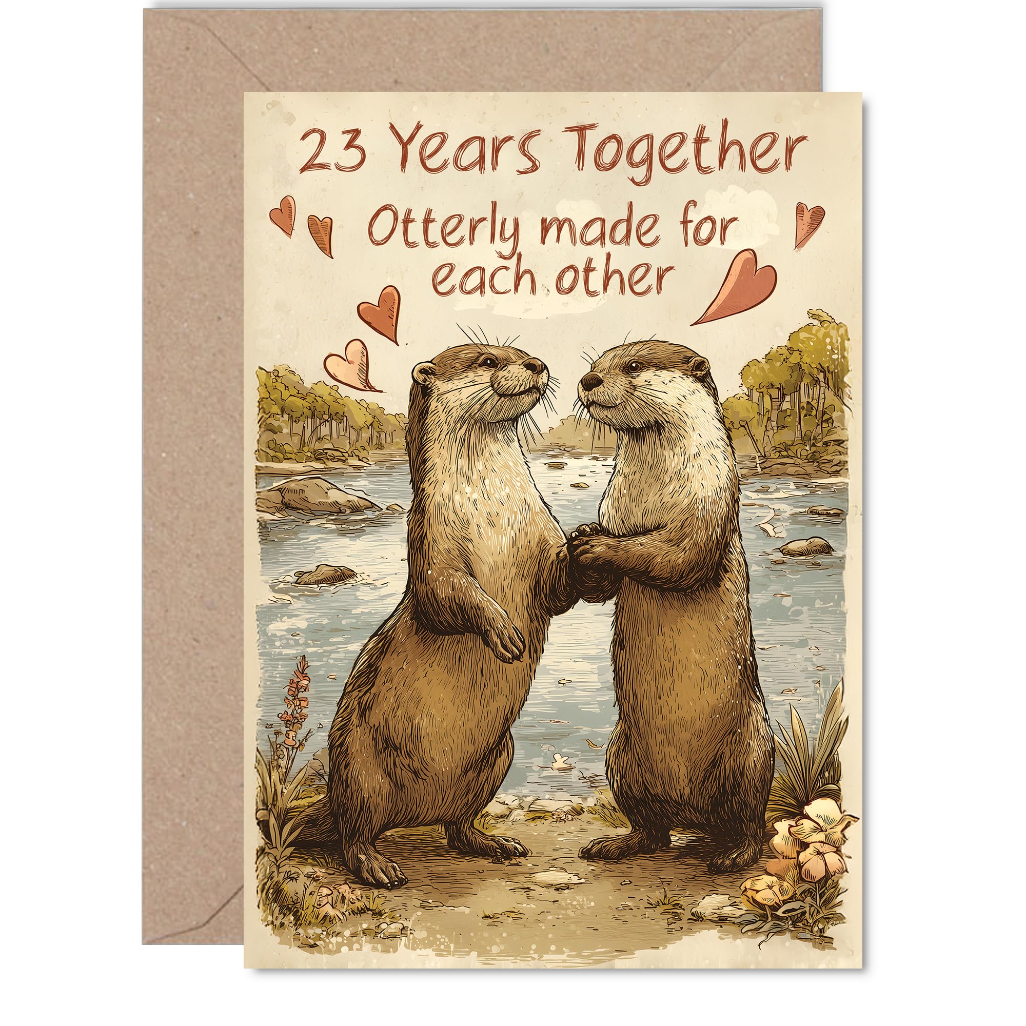23rd Anniversary Card for Women Men - Rustic Style Cute Otters - Happy 23 Year Anniversary Card for Partner Companion Husband Girlfriend, 5x7 Inch Wedding Anniversaries Greeting Cards