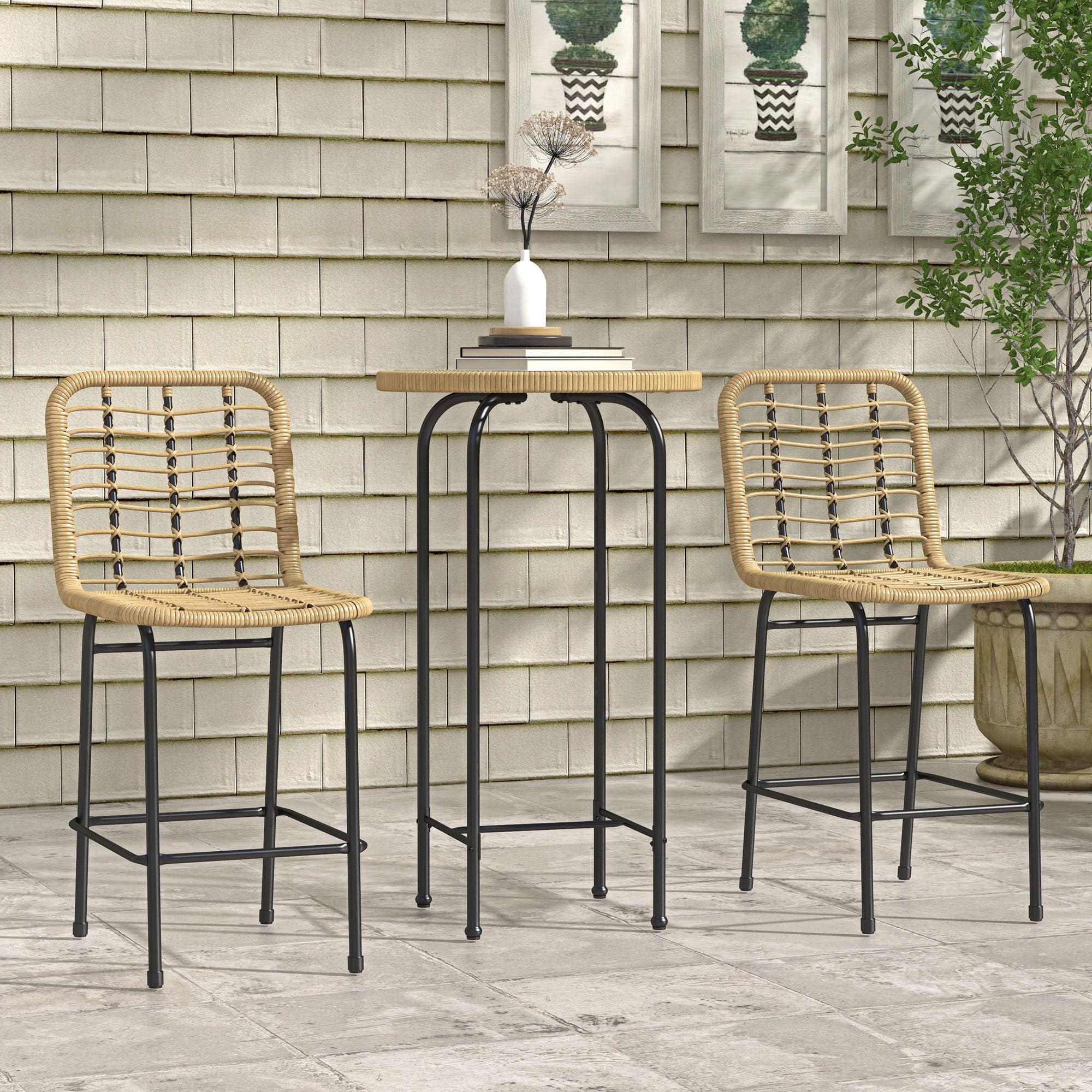Outsunny Ensemble de Bar de Jardin 3 pièces Table Haute Ronde Design bohème + 2 tabourets Ronds Repose-Pied métal Naturel Noir