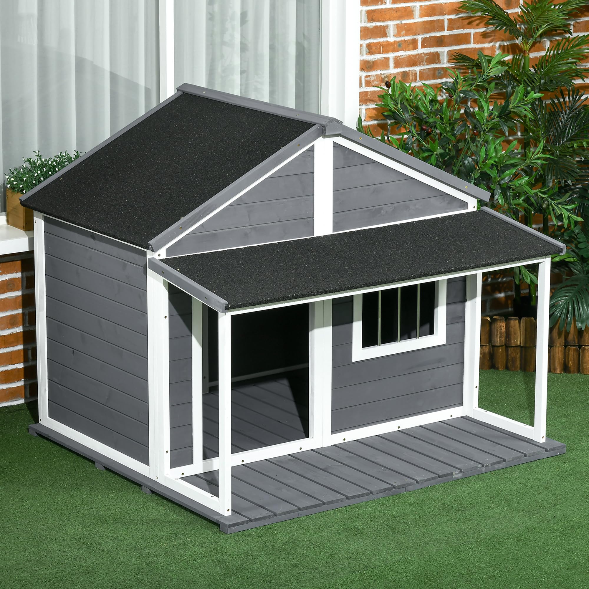PawHut Cuccia per Cani da Esterno con Tetto in Bitume Impermeabile, Casetta per Cani in Legno Massello con Finestra e Terrazza, 124x112x105cm, Grigio