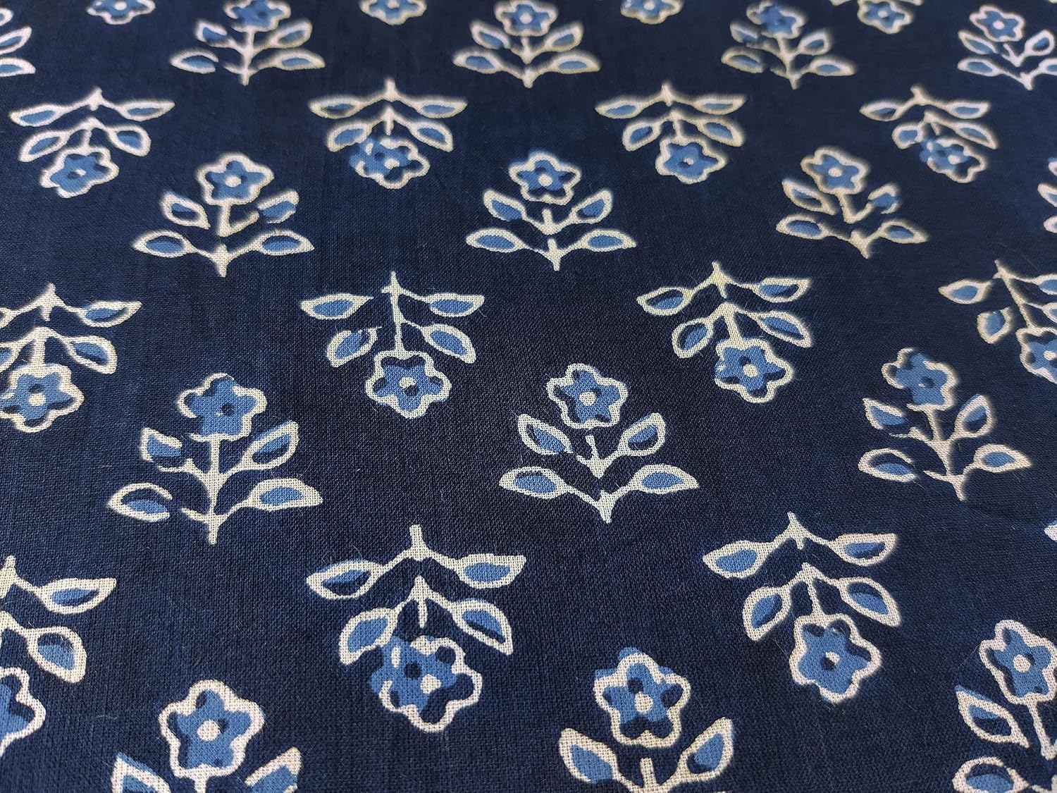 AVKA Studio Hand Block Print Fabric by The Yard - PRECUT 5 Yards 42 Inch Width - 100% Cotton Material - Indigo Blue Floral Pattern - Light Weight Indian Cloth for Summer Dress Tops Indian Fabric