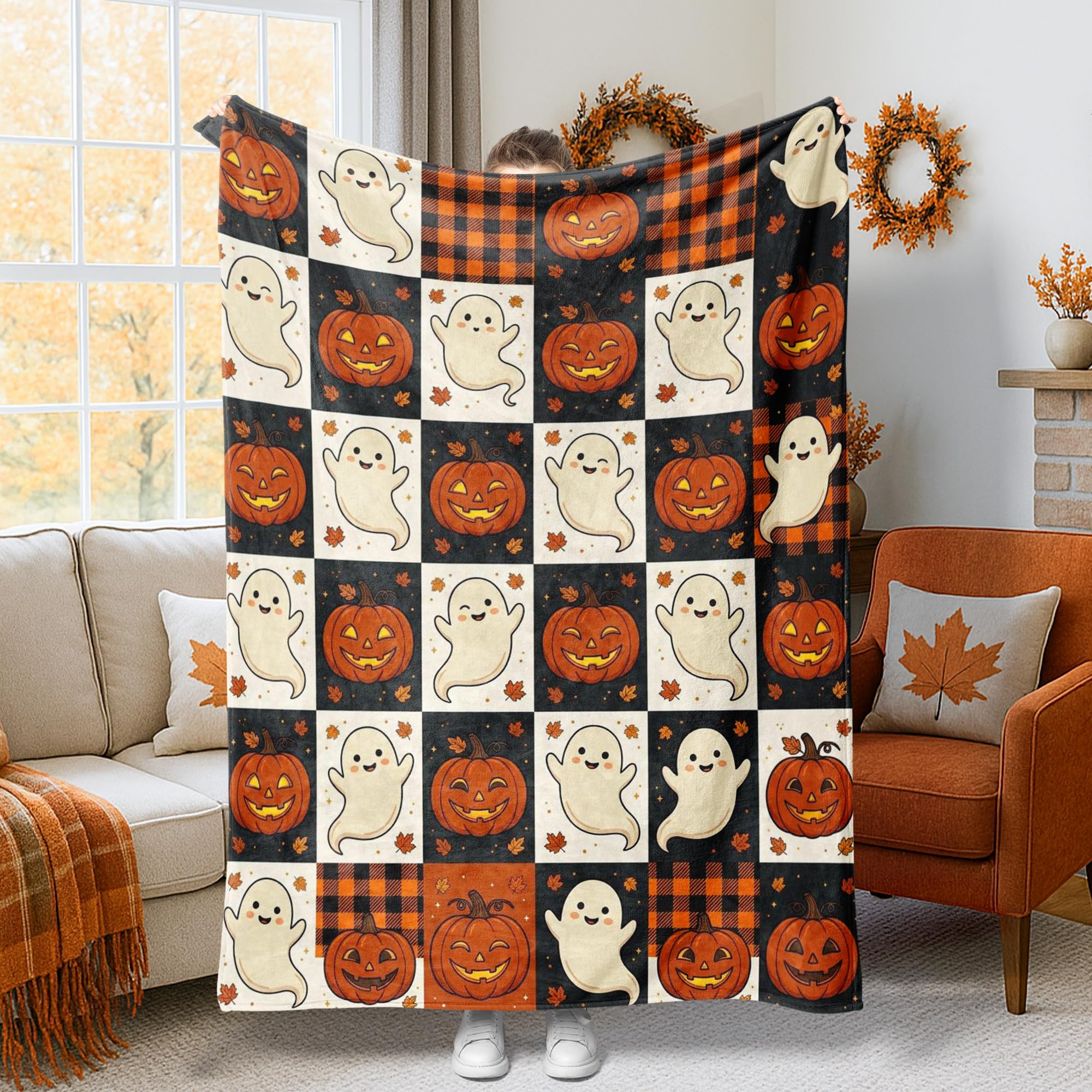 Couverture Halloween en peluche orange pour cocooning sur le canapé ou lit