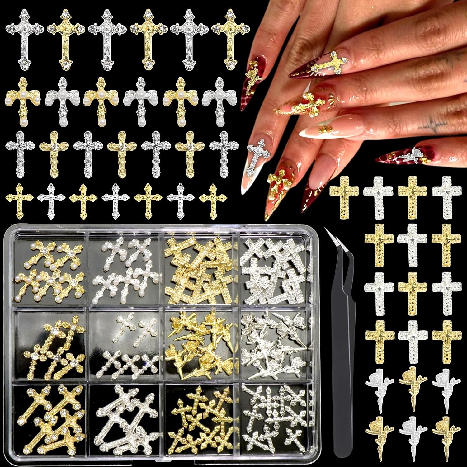 RODAKY 90Pcs Cross Nail Charms Y2K Nail Art Gem Kit