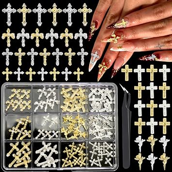 RODAKY 90Pcs Cross Nail Charms Gold Silver Metal Charm for Nails 3D Crosses with Rhinestone Pearl Luxury Nail Art Jewelry Accessories for Women Manicures Design