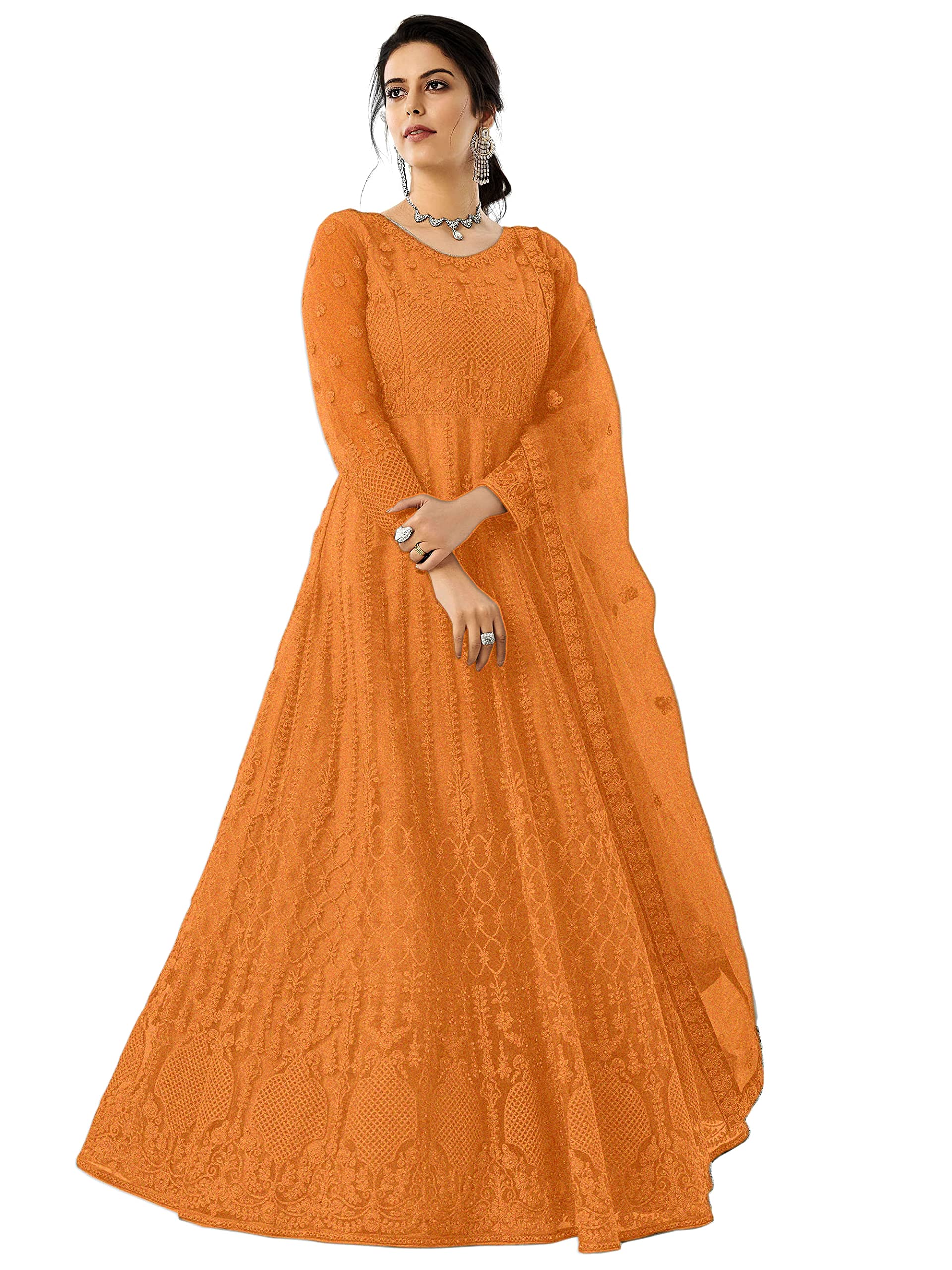 PATLANIWomen Long Gown, Net with Ultra Satin Inner Ethnic Flared Gown for Girl's/Women's Semi Stitched Gown