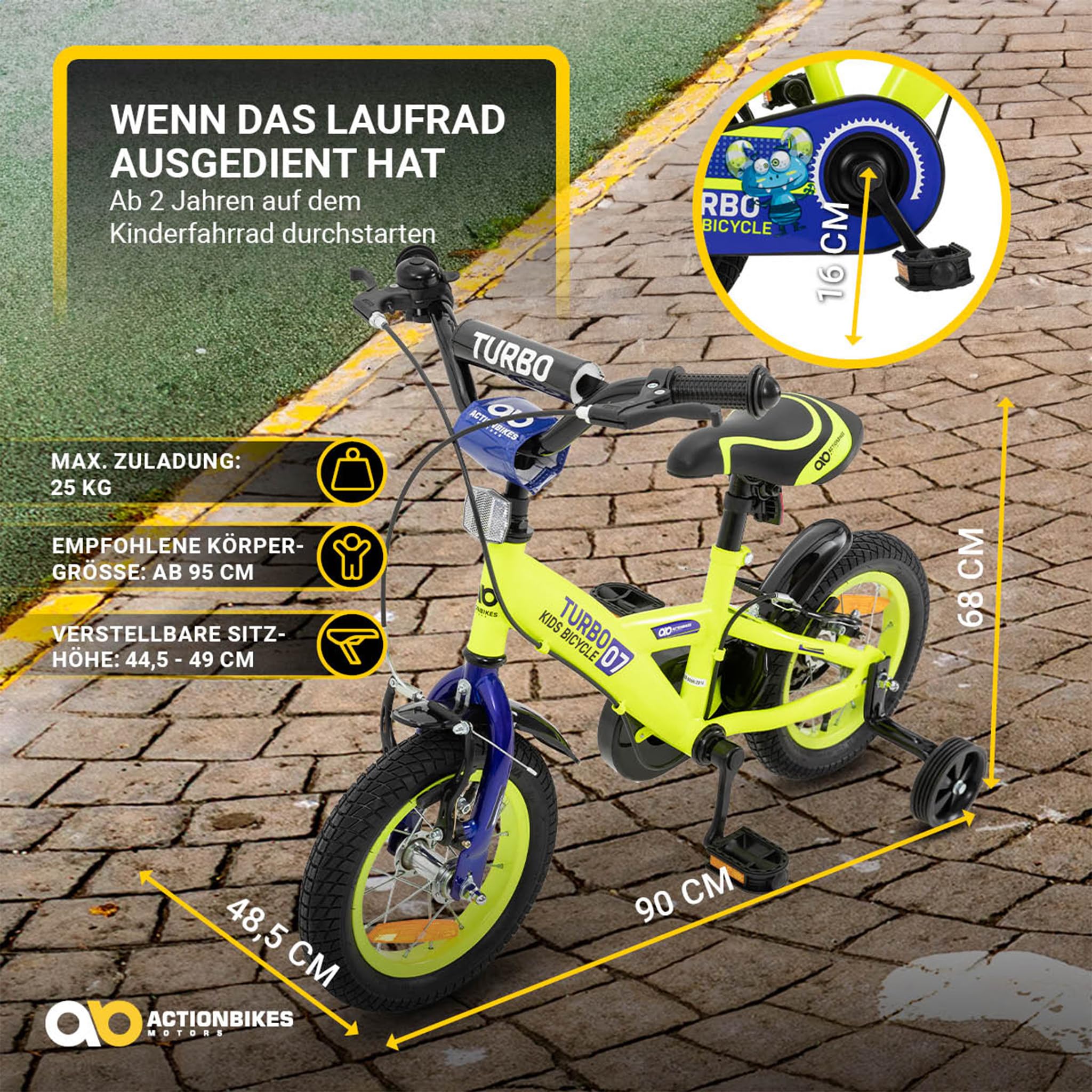Actionbikes Kinderfahrrad Turbo | 12 16 Zoll - V-Brake Bremsen - Fahrrad für Kinder von 2-7 Jahren - Schutzblech v. / h - Kinder Fahrrad für Mädchen & Jungen - Fahrräder - Bicycle - Kinderrad - Bike