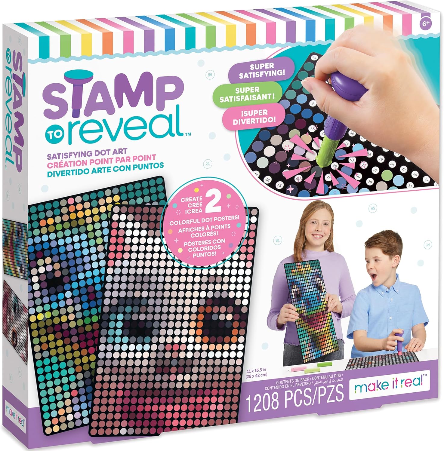 Make It Real Stamp to Reveal Cool Cat & Smiley Dino DIY Dot Art Posters Kit, 11x16.5 Inch Craft for Kids Ages 6+