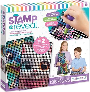 Make It Real Stamp to Reveal Cool Cat & Smiley Dino DIY Dot Art Posters Kit, 11x16.5 Inch Craft for Kids Ages 6+