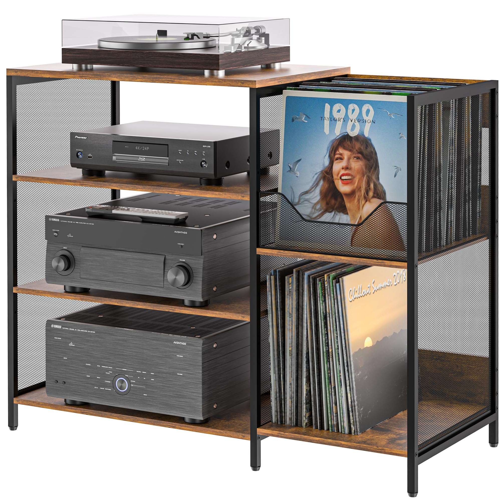 Cottage Charm Large Record Player Stand Table with Vinyl Record Holder Up to 150PCS, AV Media Stand Stereo Cabinet Shelf Rack Tower with Storage,