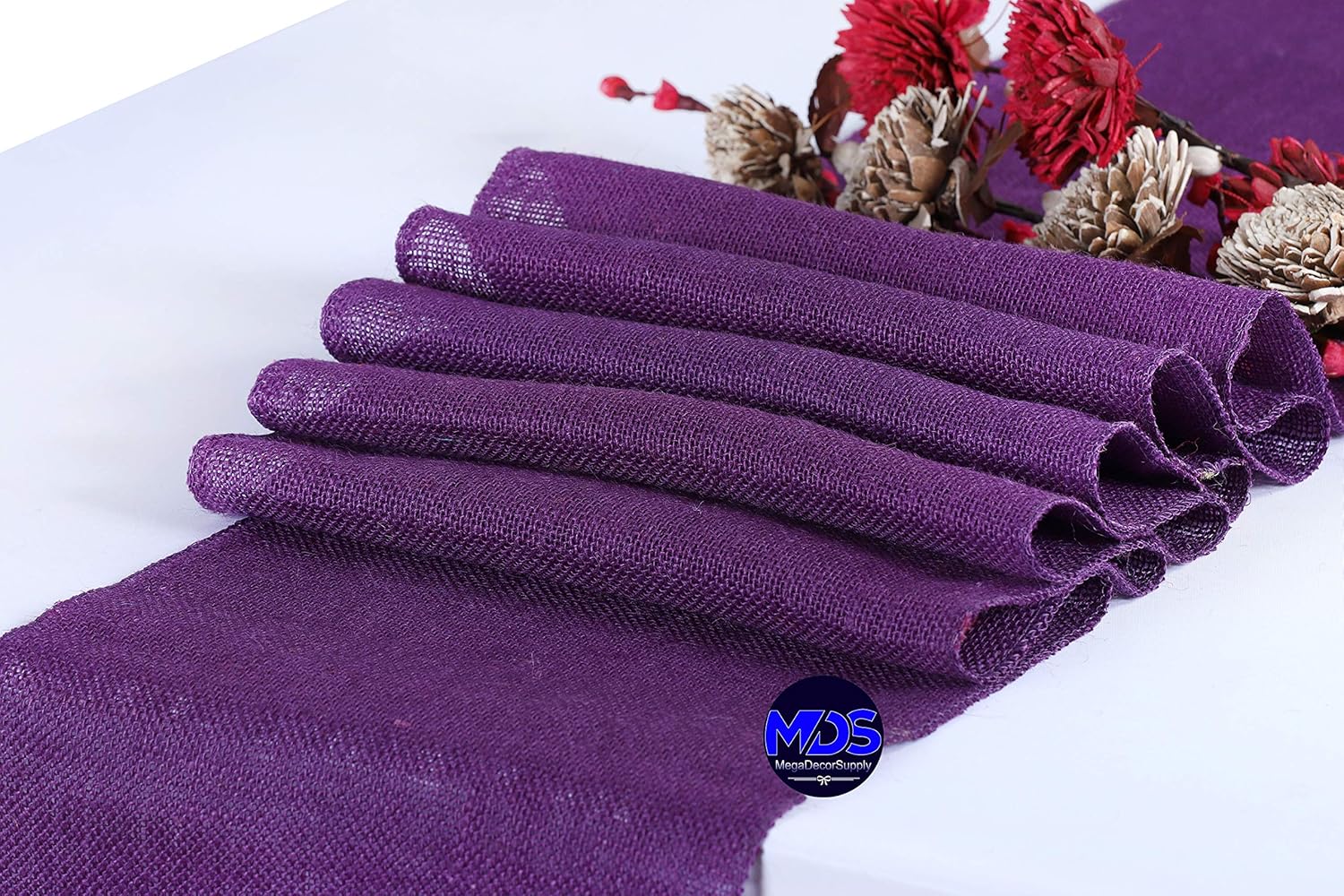 MDS 5 PCS 100% Natural Burlap Table Runners 12 x 72 Inch Rustic Farmhouse Country Vintage Boho Jute Runner for Wedding Home BBQ's Coffee Tea Party Dinning Table Decorations - Purple