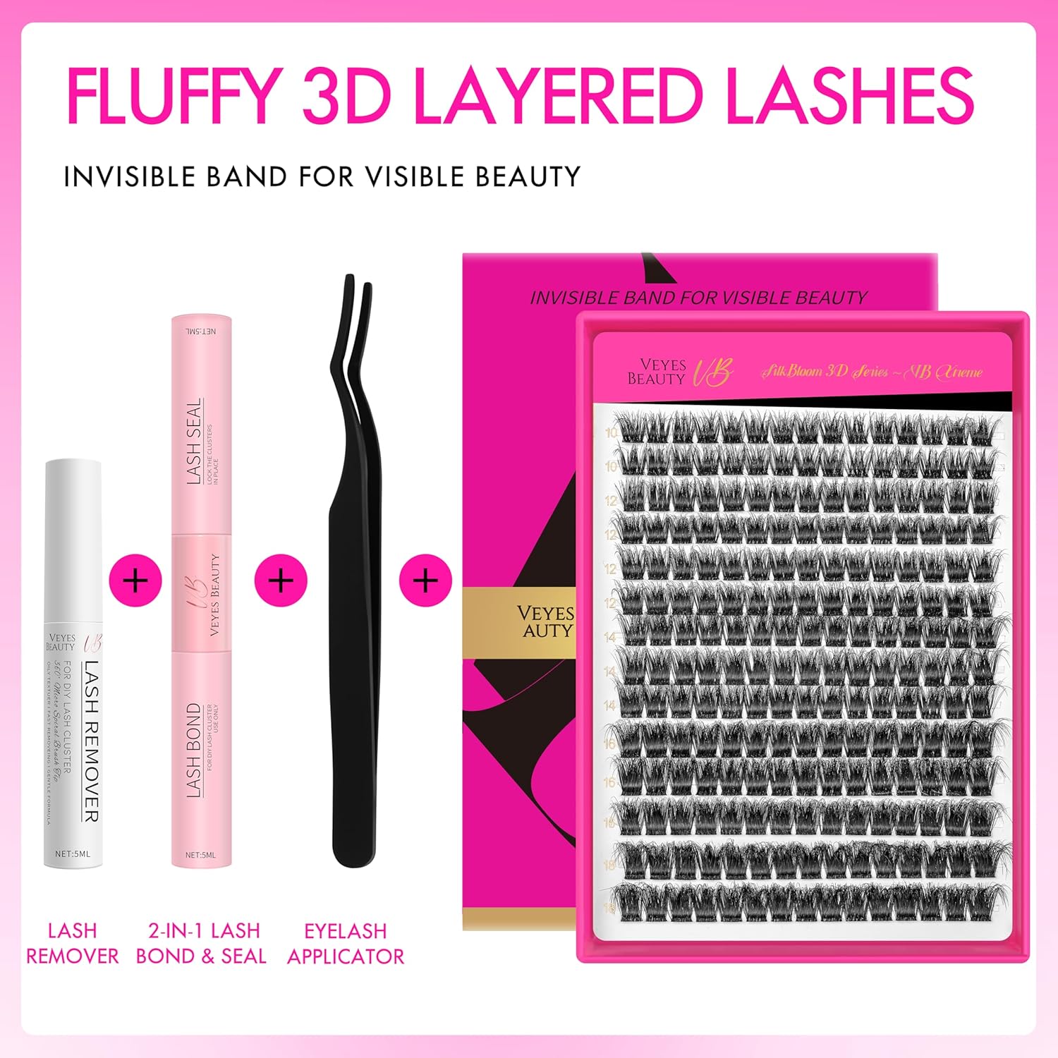 VEYESBEAUTY Lash Clusters Kit Fluffy Individual Lash Extensions Xtreme 3D Layered Volume Eyelashes kit Thin & Invisible Band Wispy Faux Mink Lash Mixed Length 10-18mm with Bond&Seal Remover Applicator