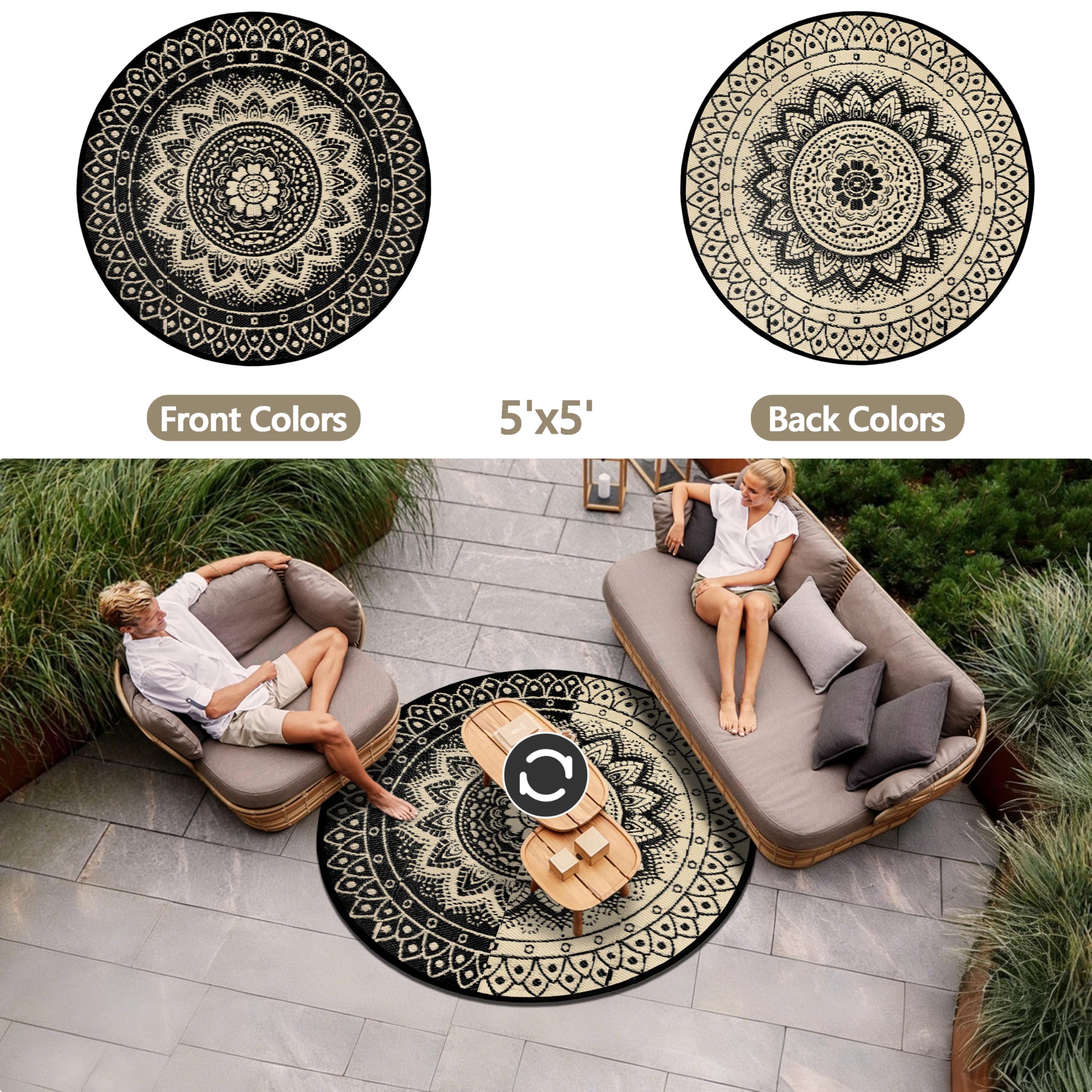 Tapis d'extérieur Rond pour terrasse 150cm réversible imperméable et Pliable bohème pour Camping-carTapis de Pique-Nique et de Camping pour RV, Balcon, Plage, terrasse, Noir/Marron