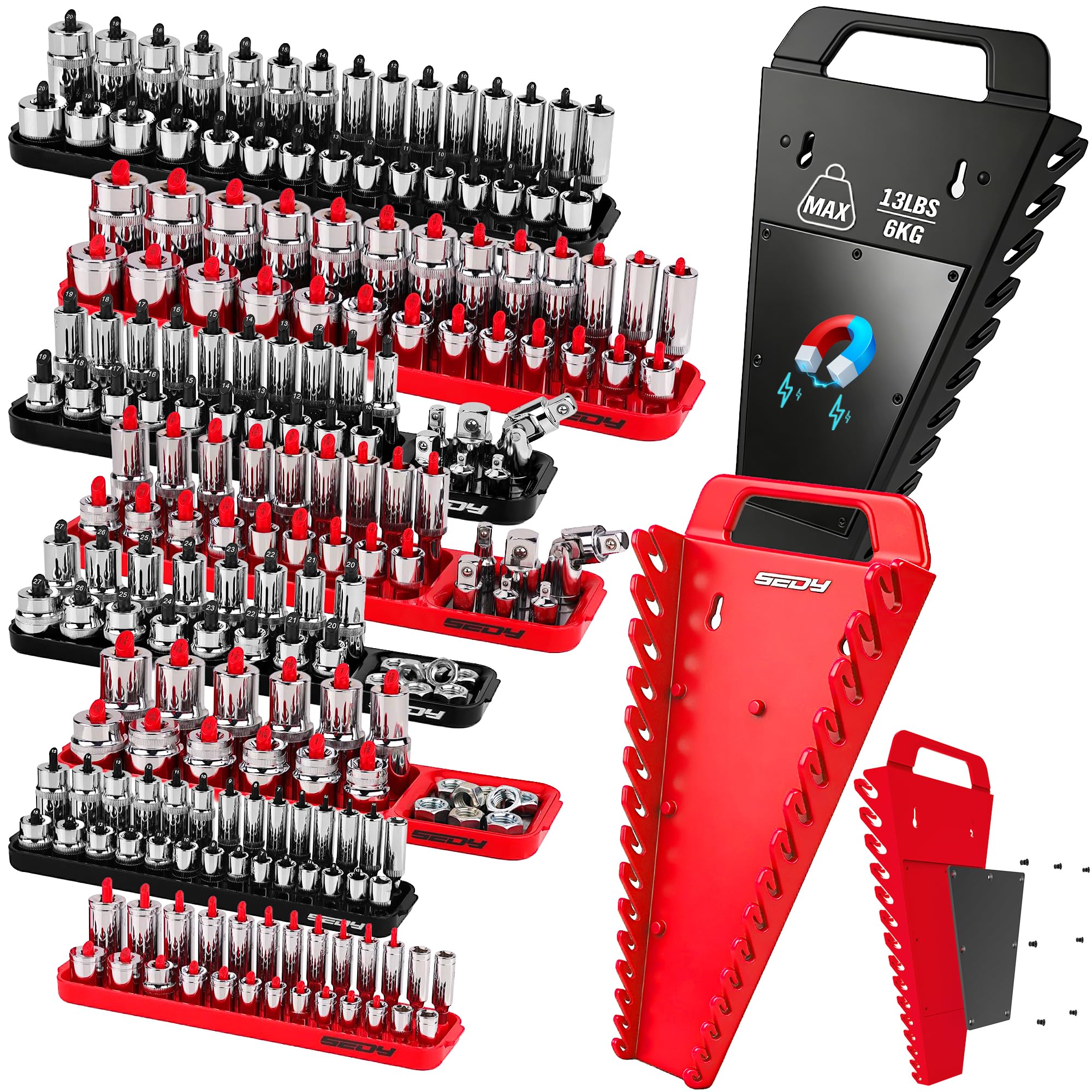 Photo 1 of 10-Piece Socket and Wrench Organizer Set, 8PC Socket Organizer Tray and 2PC 24-Slot Magnetic Wrench Organizer, for 1/4", 3/8", 1/2" Drive SAE and Metric, Toolbox Drawer Storage, Tools Not Included